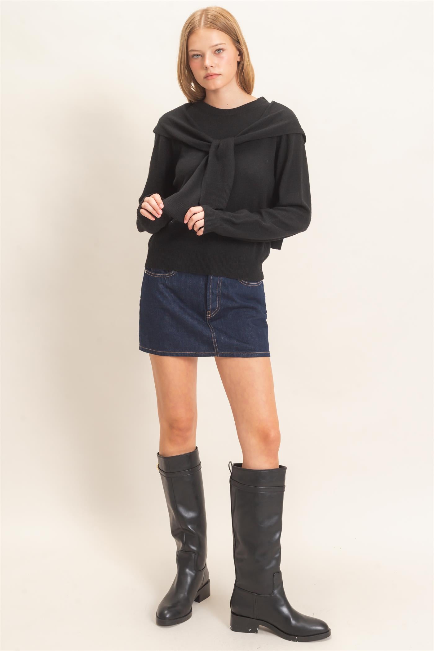 Wholesale Crew Neck Sweater With Faux Wrap Sweaters HF26E698 BLACK HYFVE