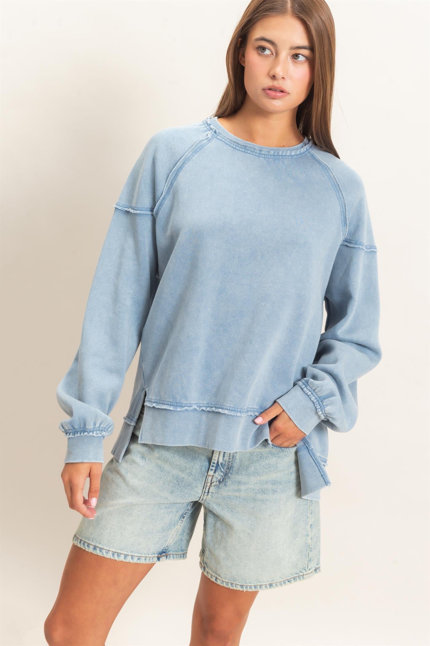 Wholesale Acid Wash Raw Edge Sweatshirt Sweatshirts DZ26C910 DUSTY BLUE DOUBLE ZERO