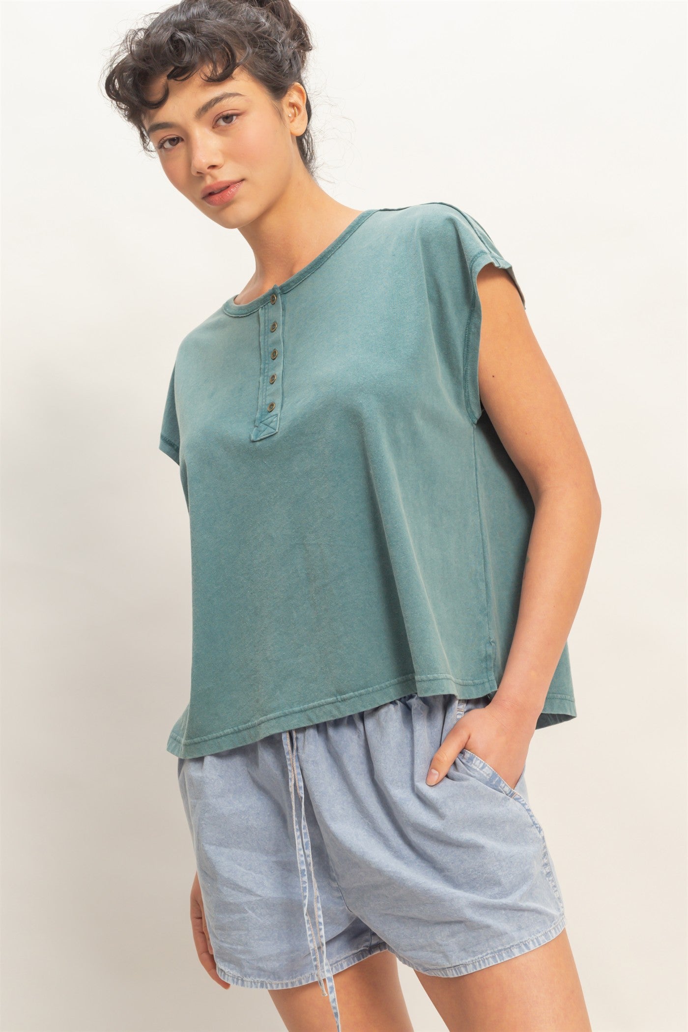 Wholesale Henley Neck Cap Sleeve Top Clothing Tops DZ26E279 DARK TEAL DOUBLE ZERO
