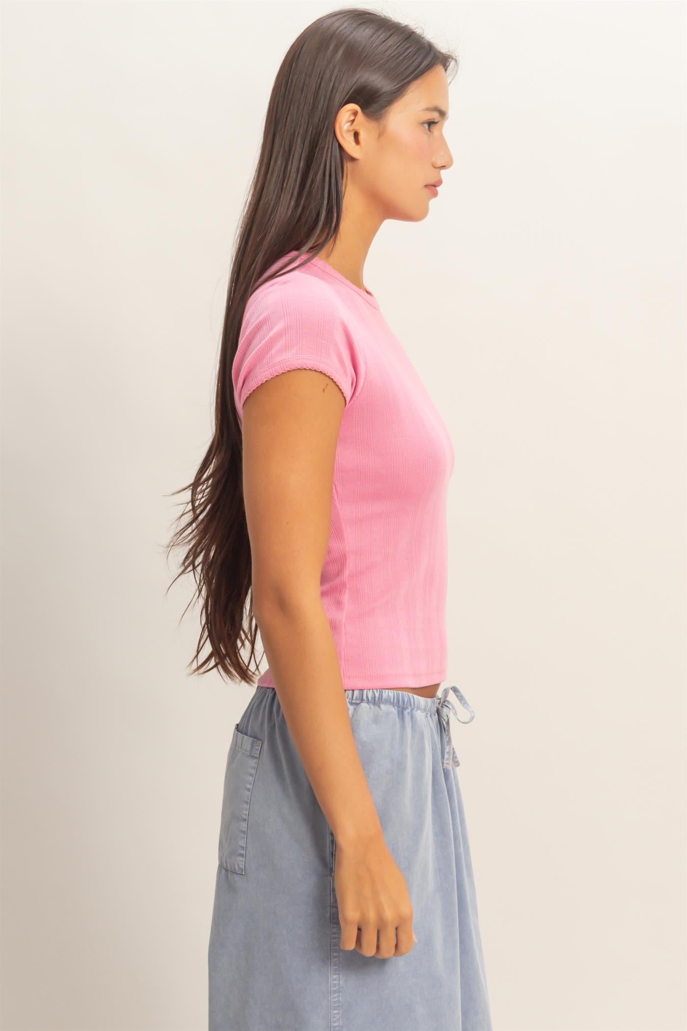 Wholesale Pointelle Short Sleeve Top Clothing Tops DZ26C285 PINK DOUBLE ZERO