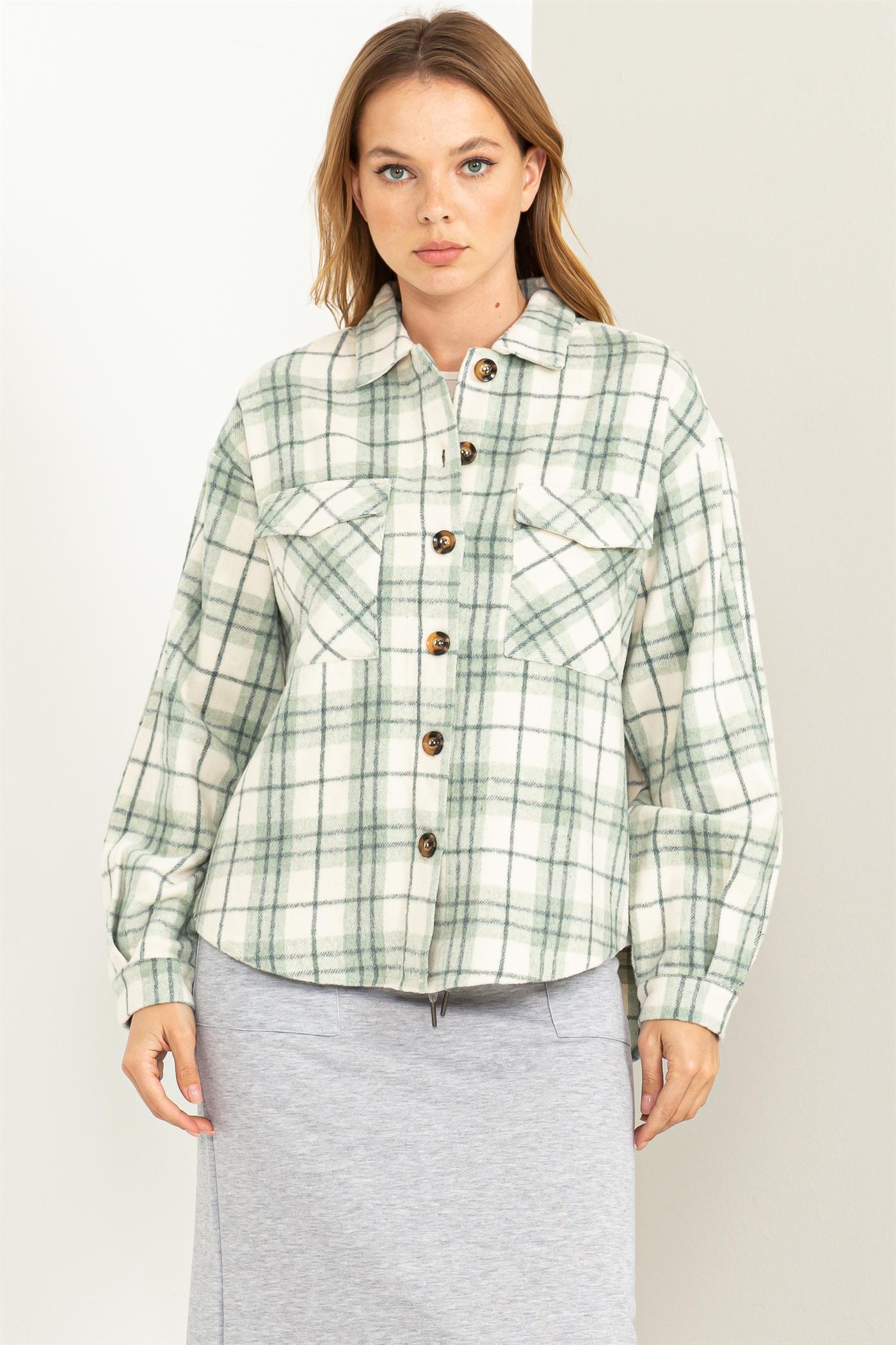 Wholesale Collared Plaid Shacket Shirts HF23G058 SAGE HYFVE