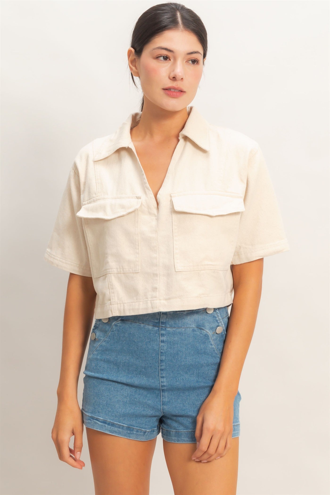 Wholesale Collared V-Neck Top Clothing Tops HF26E444 OATMEAL HYFVE