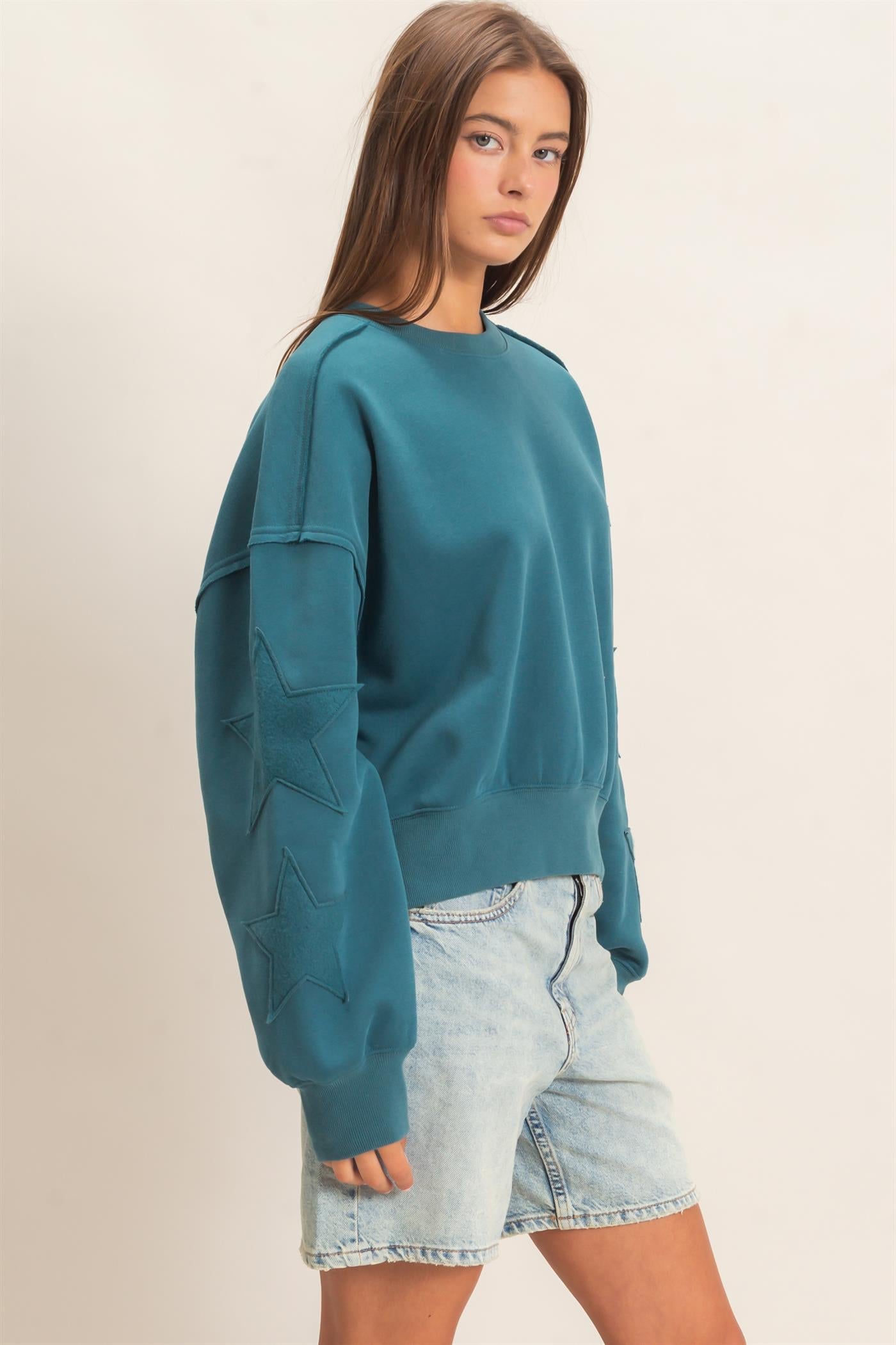Wholesale Star Patch Sleeve Sweatshirt Sweatshirts DZ26E888 DARK TEAL DOUBLE ZERO