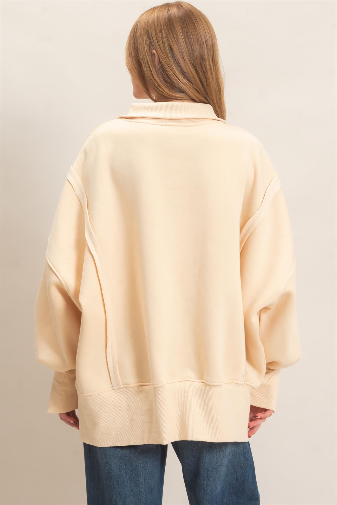 Wholesale Mineral Wash Snap Collar Pullover Clothing Tops HF26F086-D CREAM HYFVE