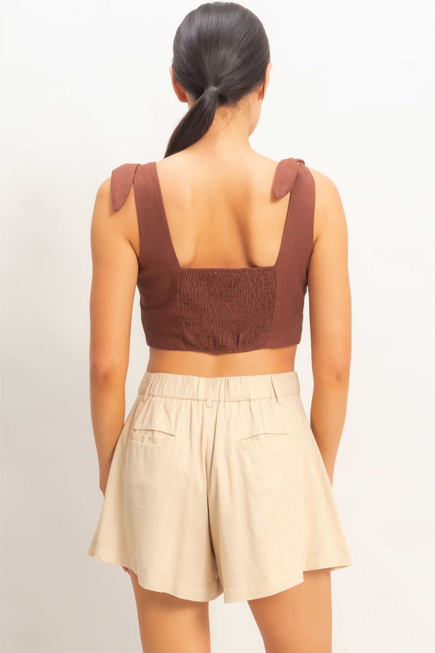 Wholesale Button-Up Tie Strap Crop Top Clothing Tops HF26A445 CHOCOLATE HYFVE