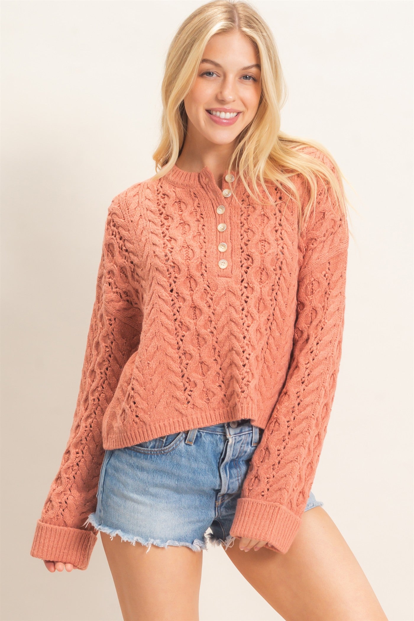 Wholesale Cable Knit Henley Sweaters HF26E552 ROSE PINK HYFVE