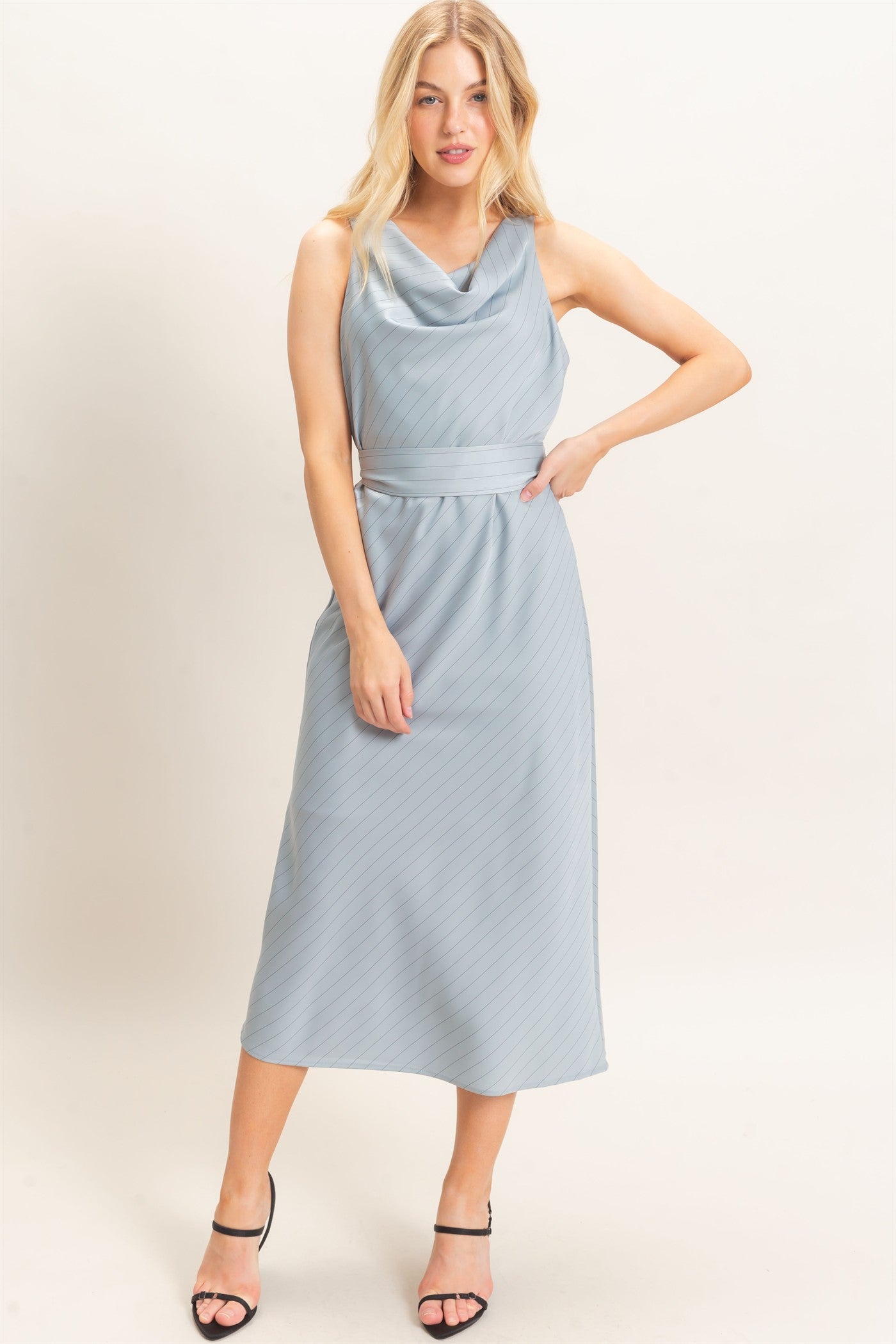 Wholesale Cowl Neck Sleeveless Belted Dress Dresses HF25E739 DUSTY BLUE HYFVE
