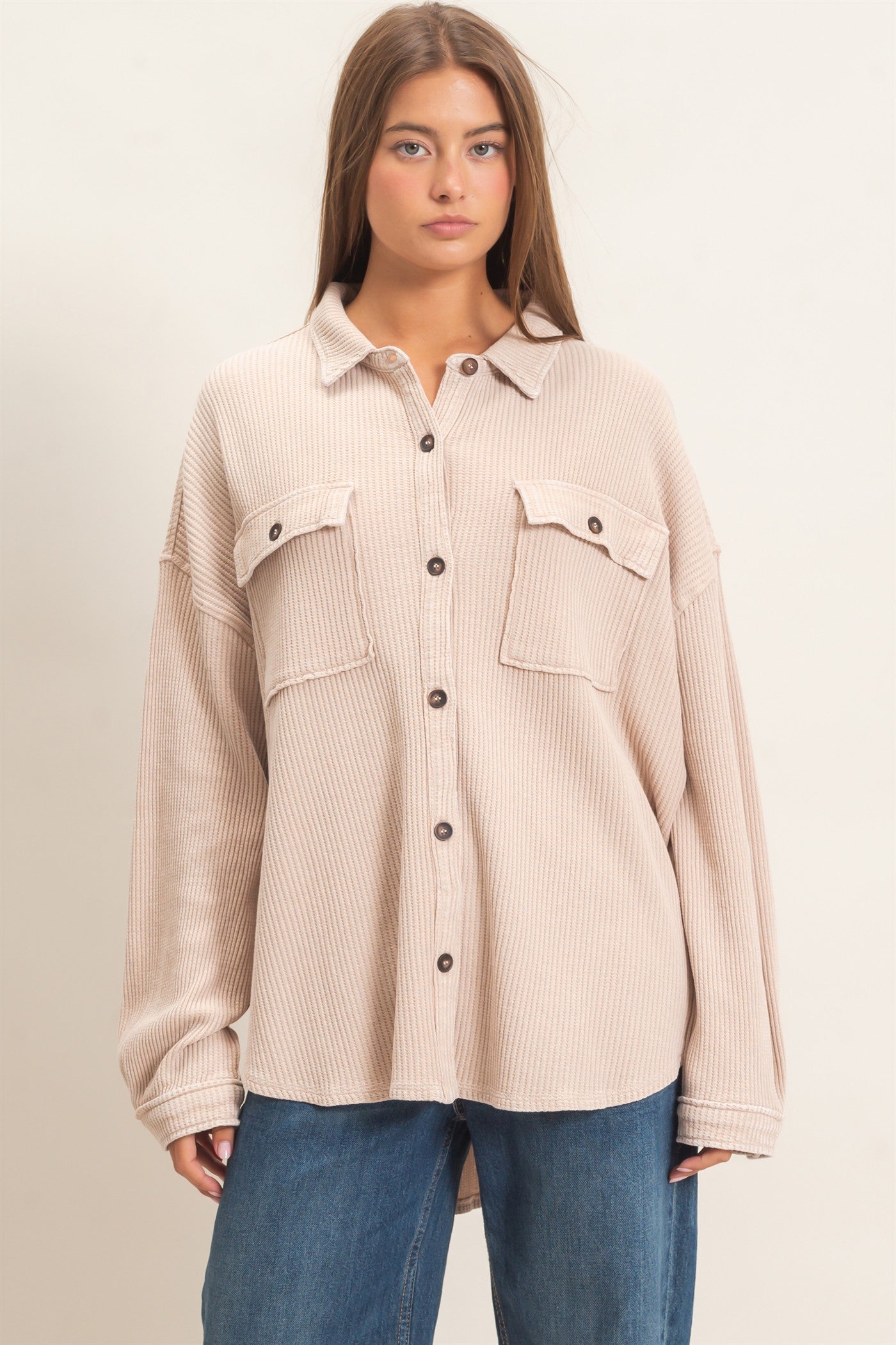 Wholesale Mineral Wash Waffle Knit Button-Up Shacket Coats & Jackets DZ26E249 DARK TAUPE DOUBLE ZERO