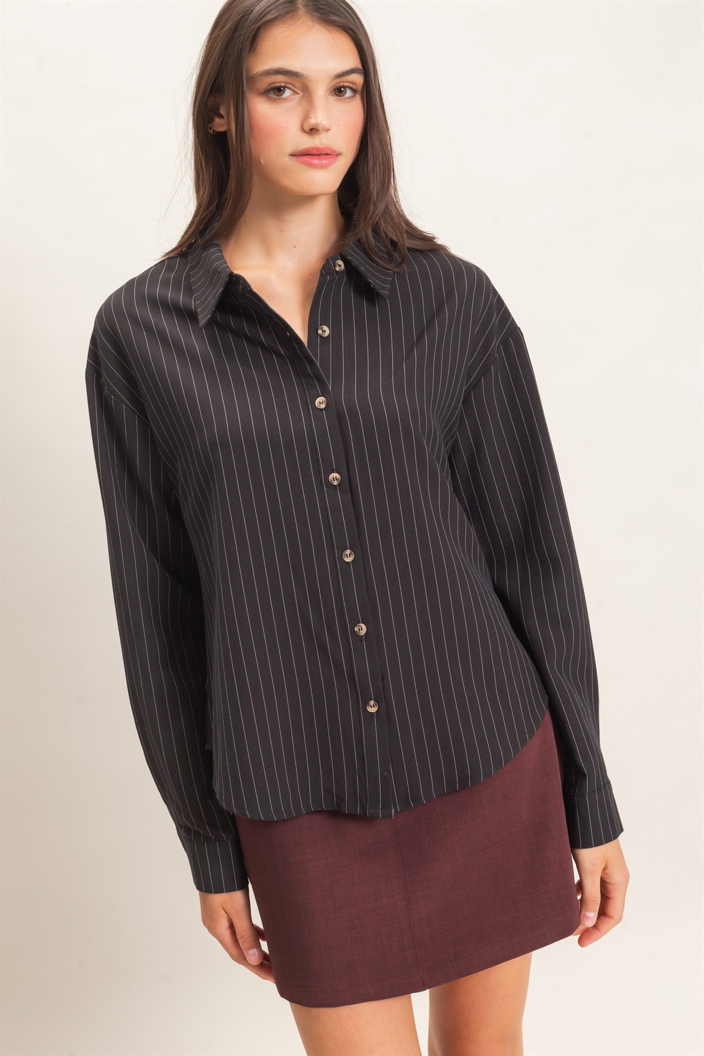 Wholesale Striped Button-Up Shirt Shirts HF27A425 BLACK HYFVE