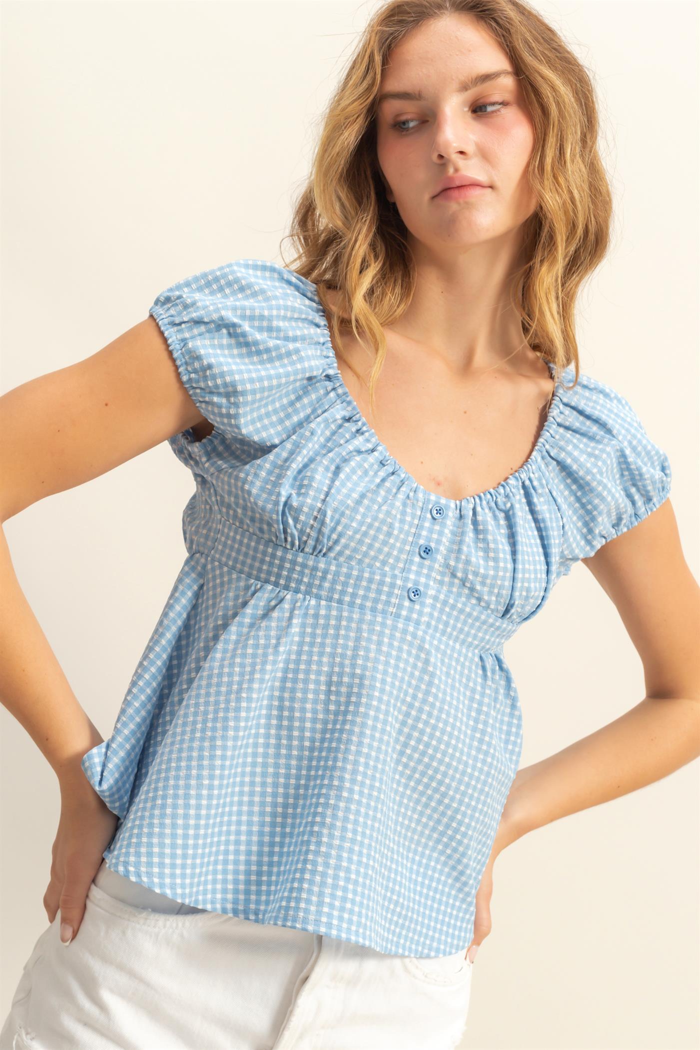 Wholesale Gingham Scoop Neck Cap Sleeve Blouse Blouses DZ25C042 BLUE DOUBLE ZERO