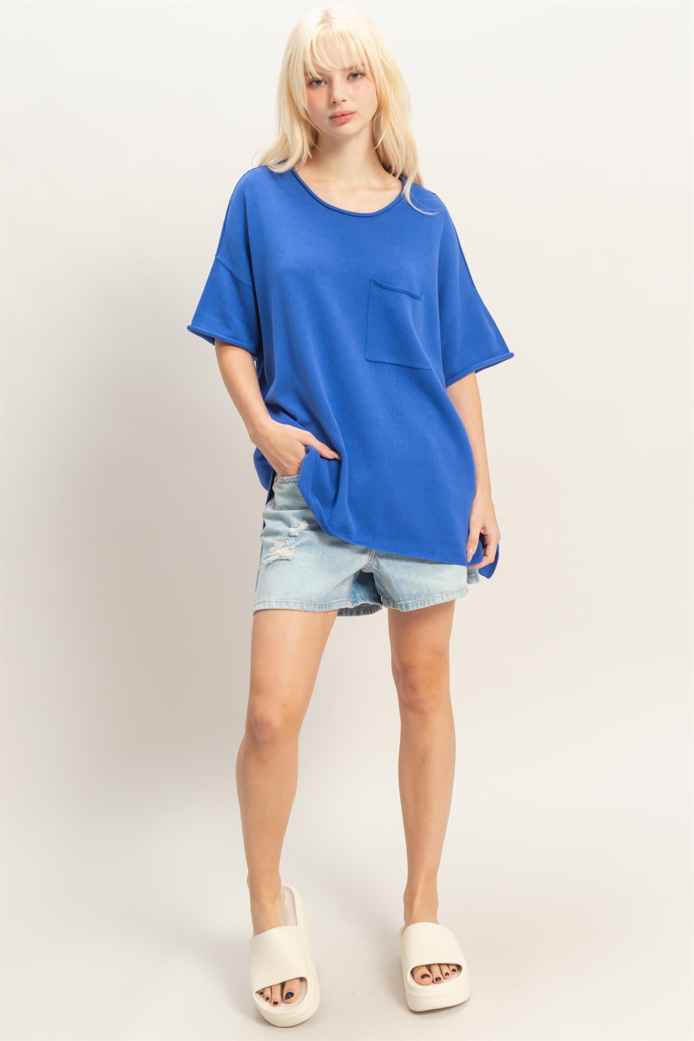 Wholesale Oversized Short Sleeve Round Neck Pocket Knit Top Clothing Tops DZ26A691 COBALT DOUBLE ZERO