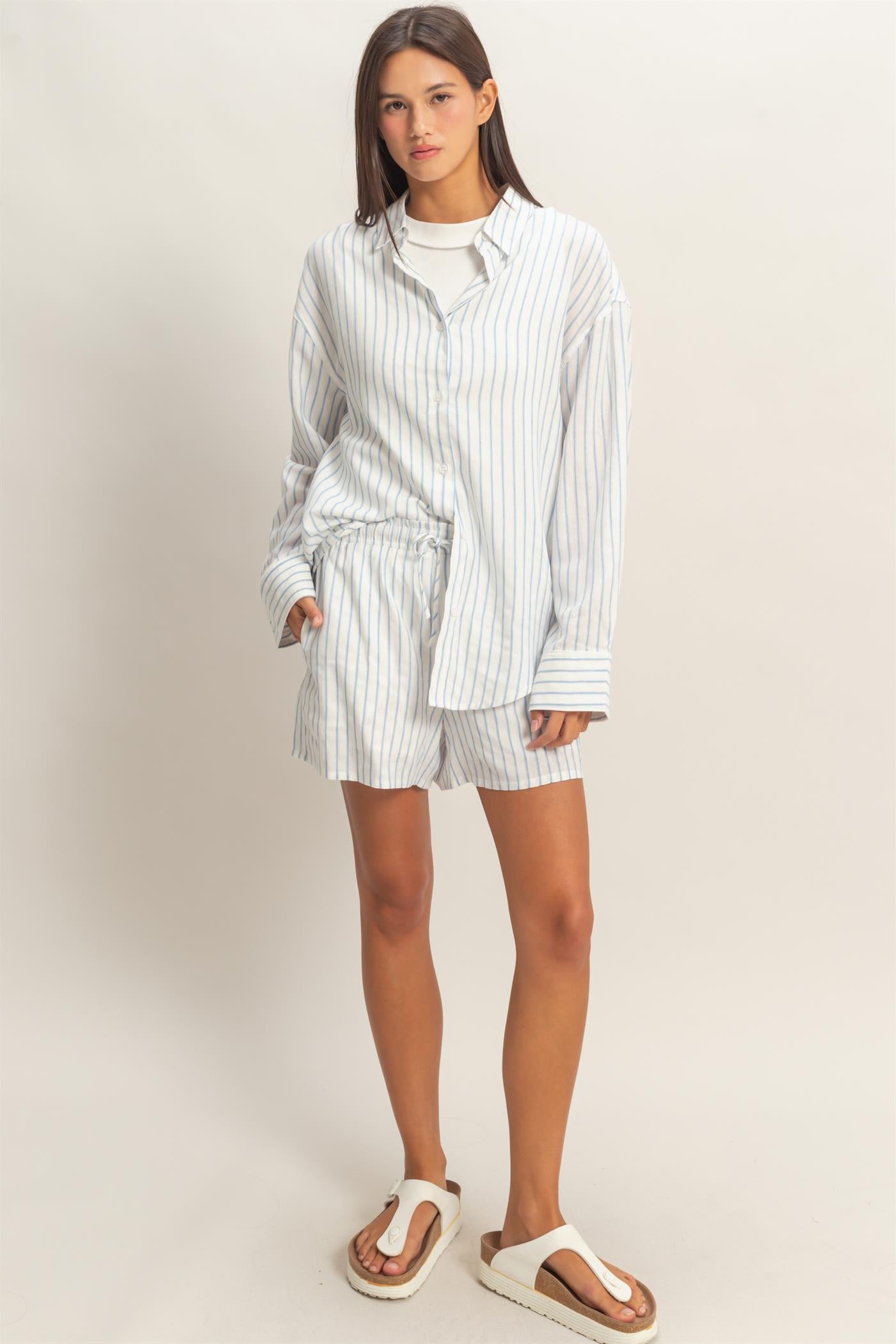 Wholesale Striped Button-Up Shirt Shirts DZ26C413 BLUE DOUBLE ZERO