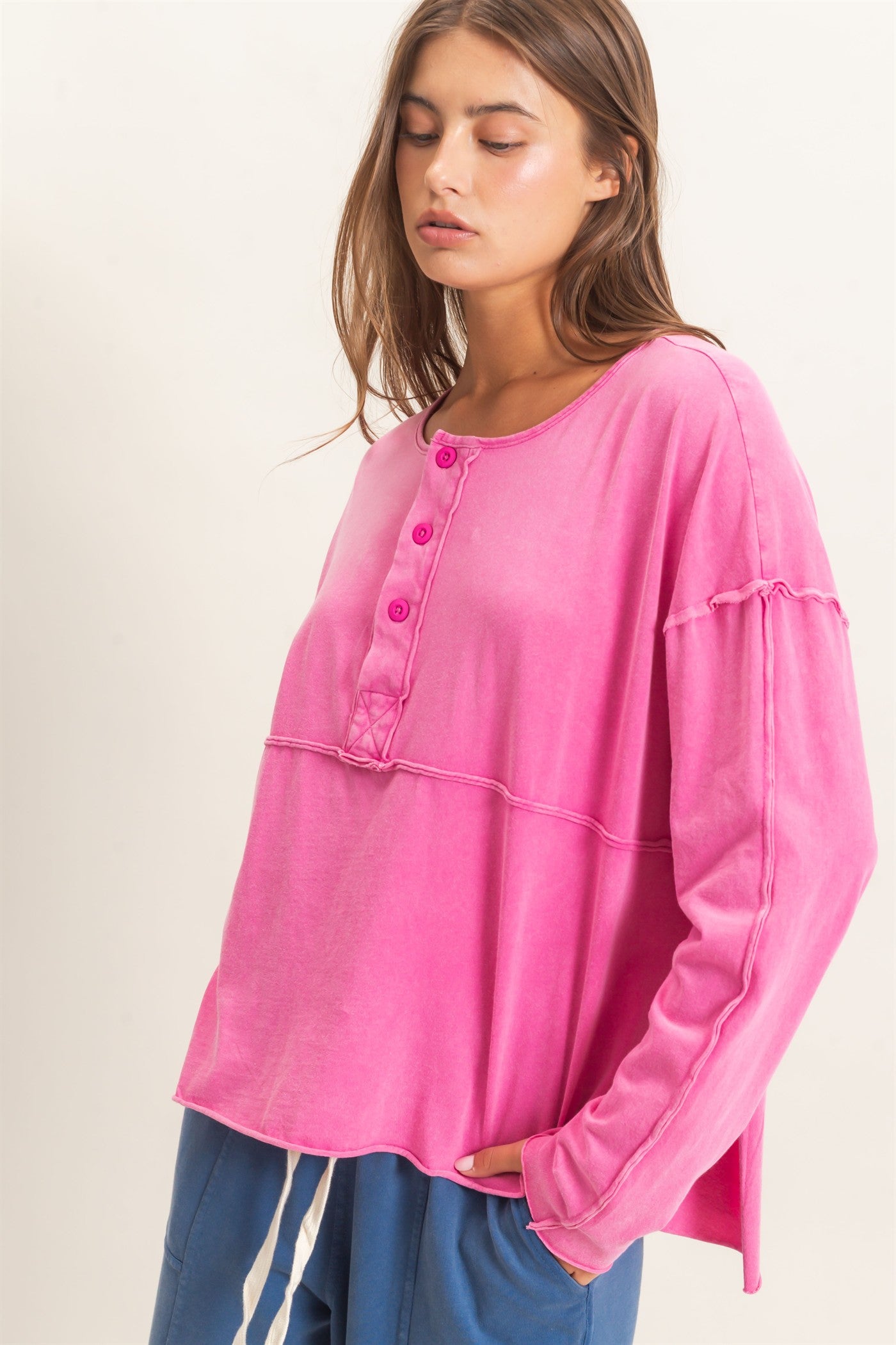 Wholesale Oversized Henley Top With Raw Edges Clothing Tops DZ26F128 FUCHSIA DOUBLE ZERO