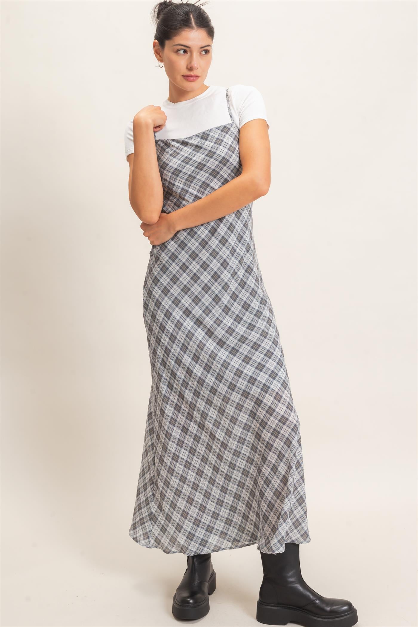 Wholesale Plaid Spaghetti Strap Maxi Dress Dresses HF26E573 GRAY HYFVE
