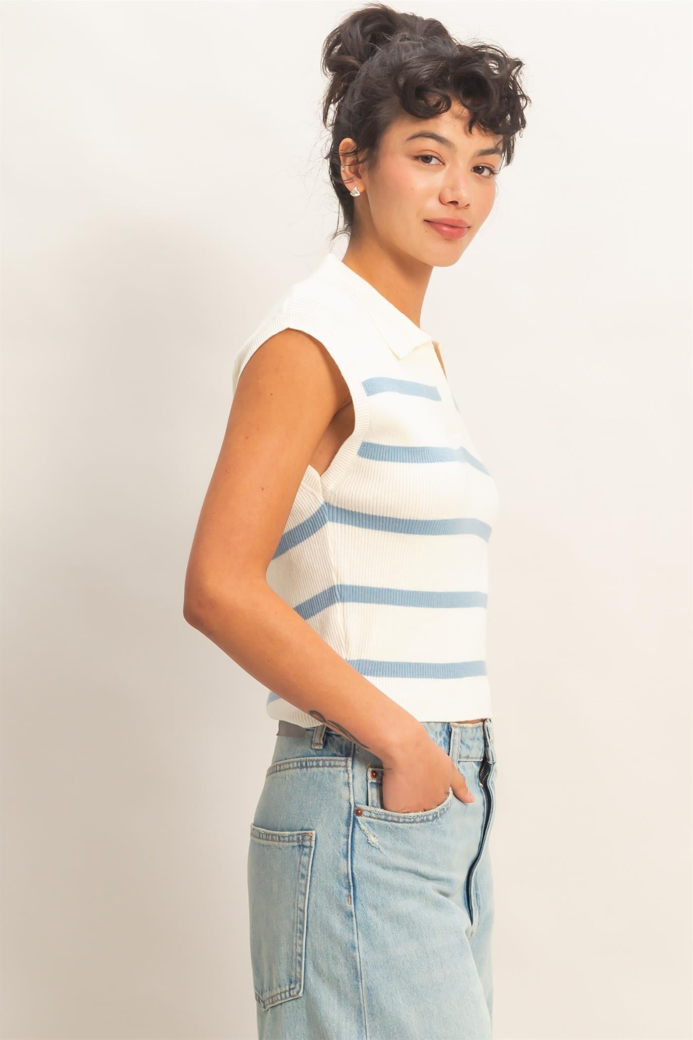Wholesale Collared Striped Polo Vest Clothing Tops DZ26A337 BABY BLUE DOUBLE ZERO