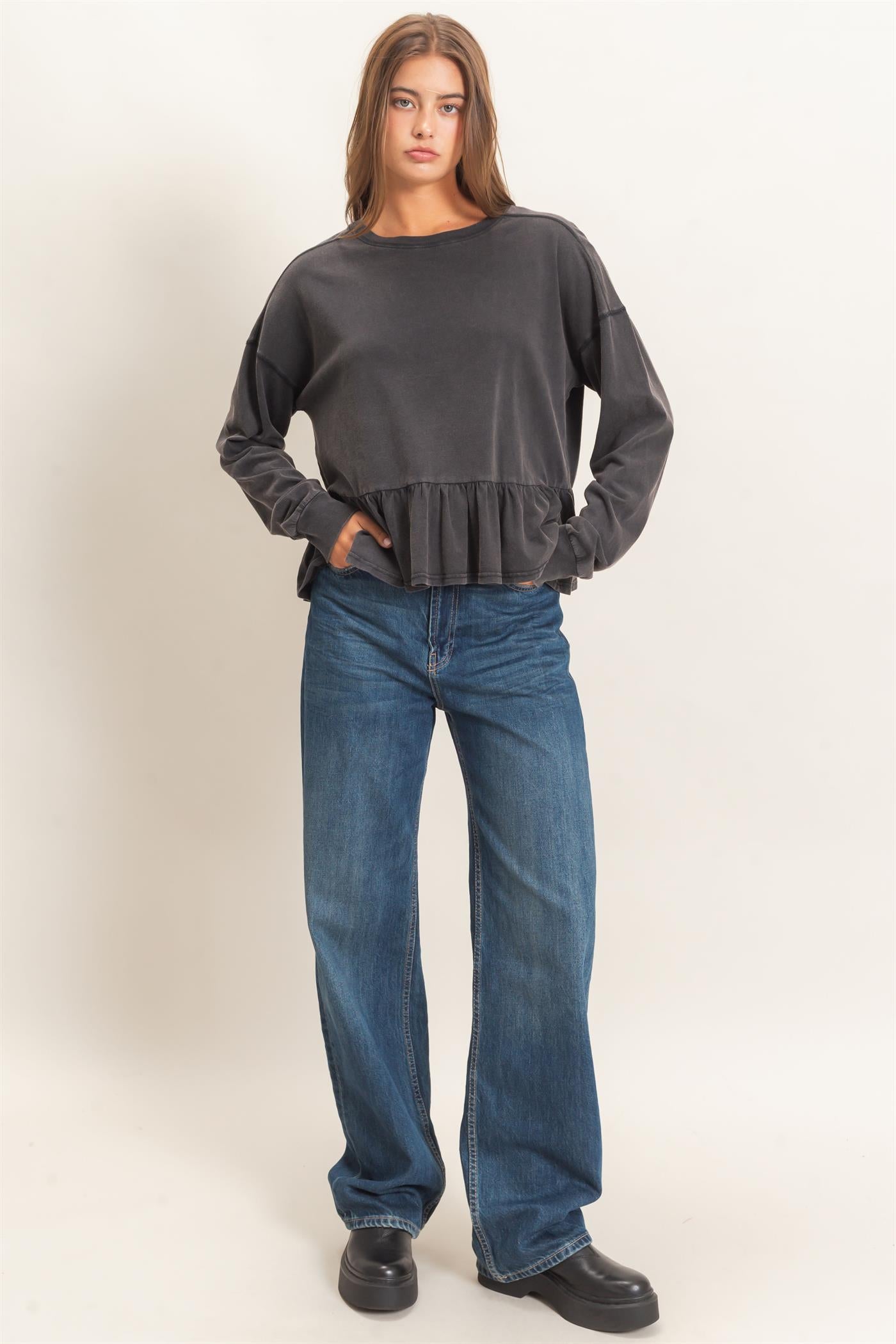 Wholesale Peplum Long Sleeve Top Clothing Tops DZ26F397 BLACK DOUBLE ZERO