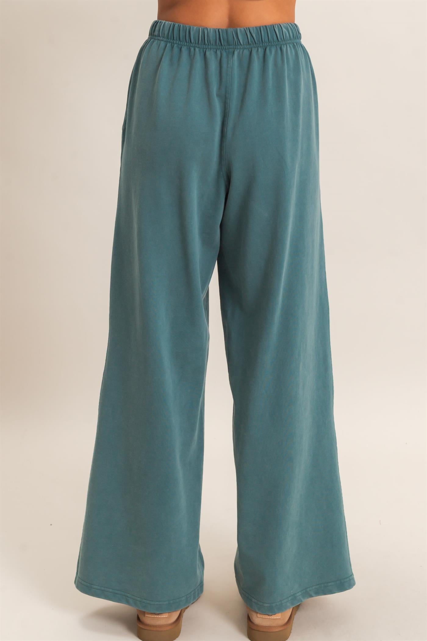 Wholesale Acid Wash Drawstring Waist Wide Leg Pants Pants DZ25A685 DARK TEAL DOUBLE ZERO