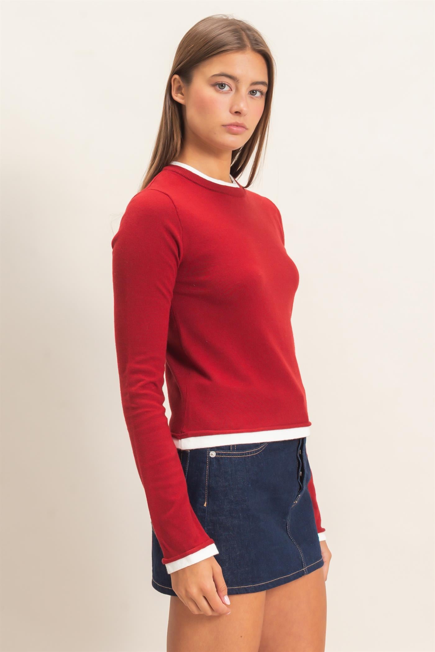 Wholesale Layer Effect Long Sleeve Knit Top Clothing Tops DZ26F394 DARK RED DOUBLE ZERO