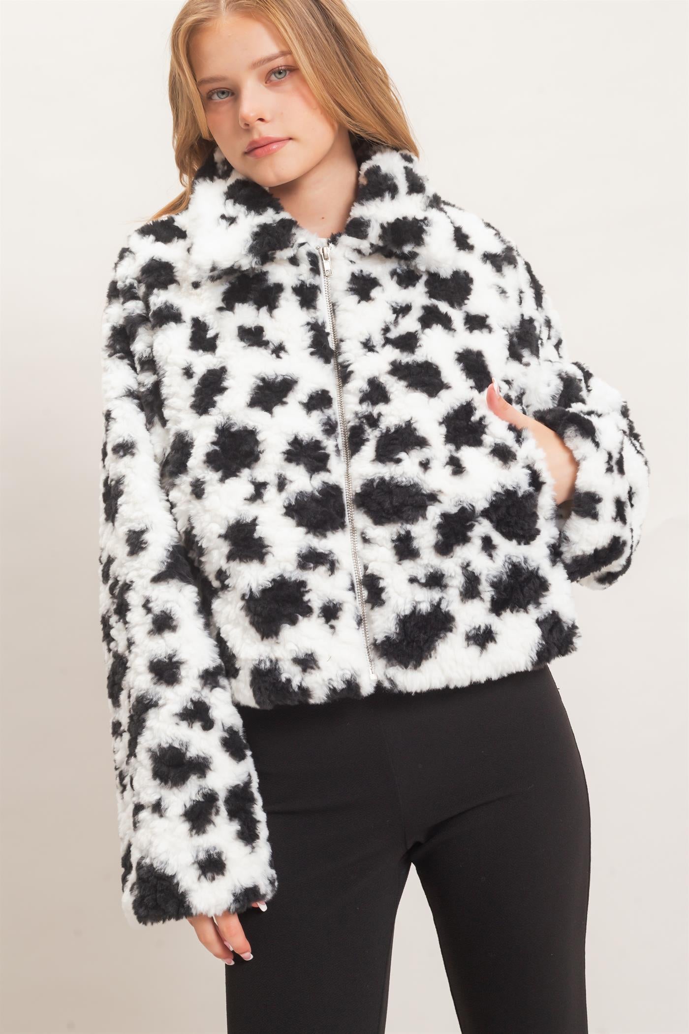 Wholesale Cow Print Faux Fur Zip-Up Jacket Coats & Jackets HF26F056 BLACK HYFVE