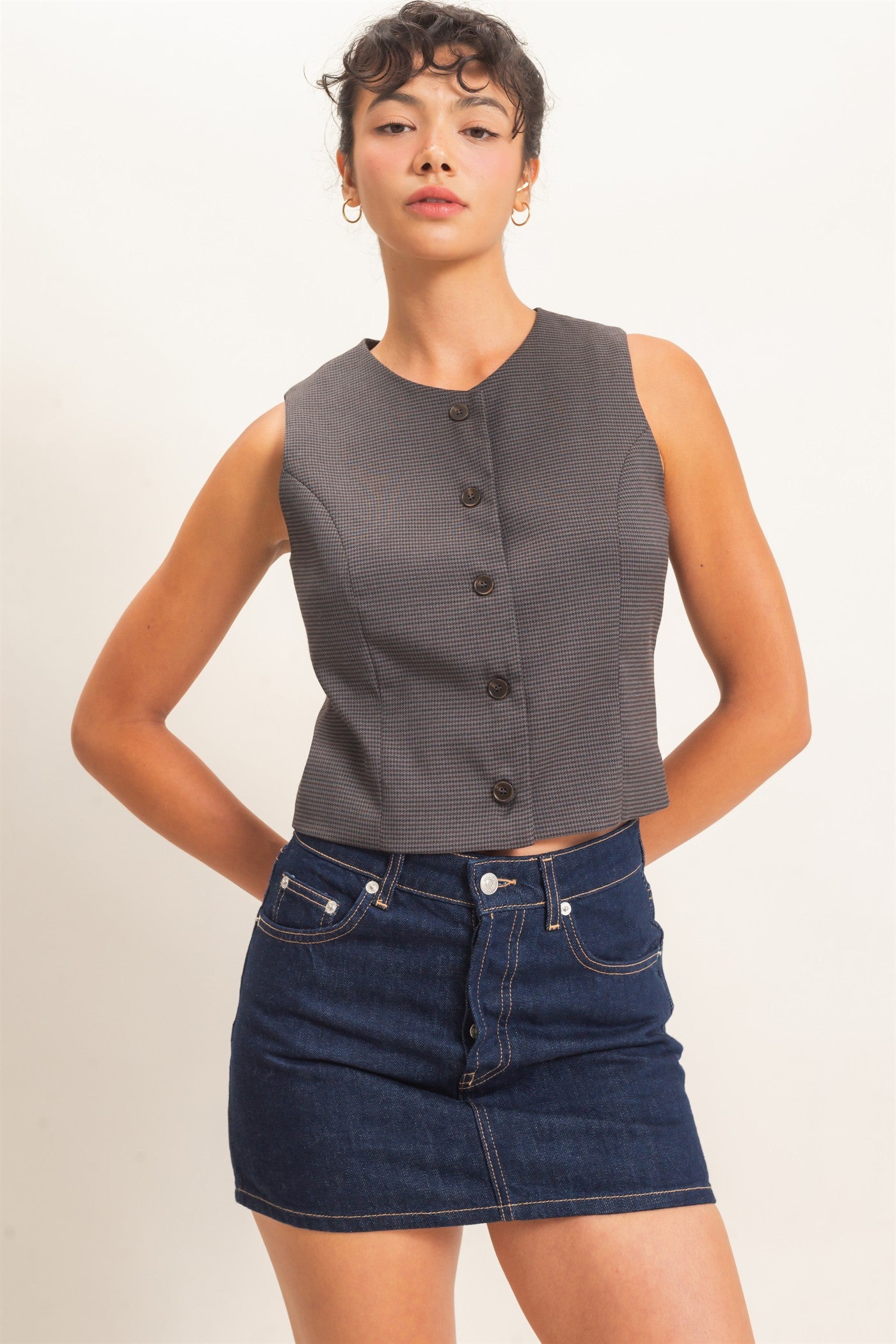 Wholesale Houndstooth Buttoned Vest Clothing Tops DZ26E386 GRAY DOUBLE ZERO