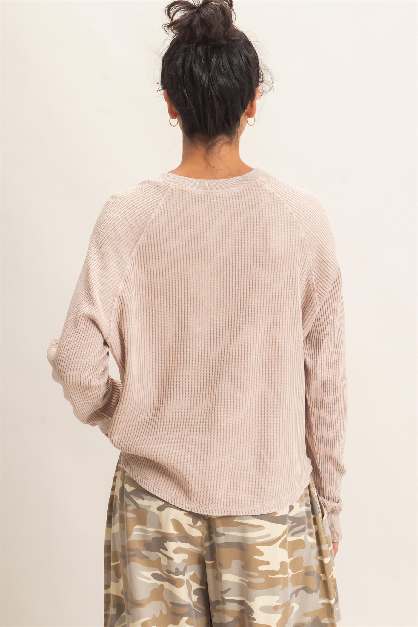 Wholesale Mineral Wash Waffle Knit Henley Top Sweatshirts DZ26E947 DARK TAUPE DOUBLE ZERO