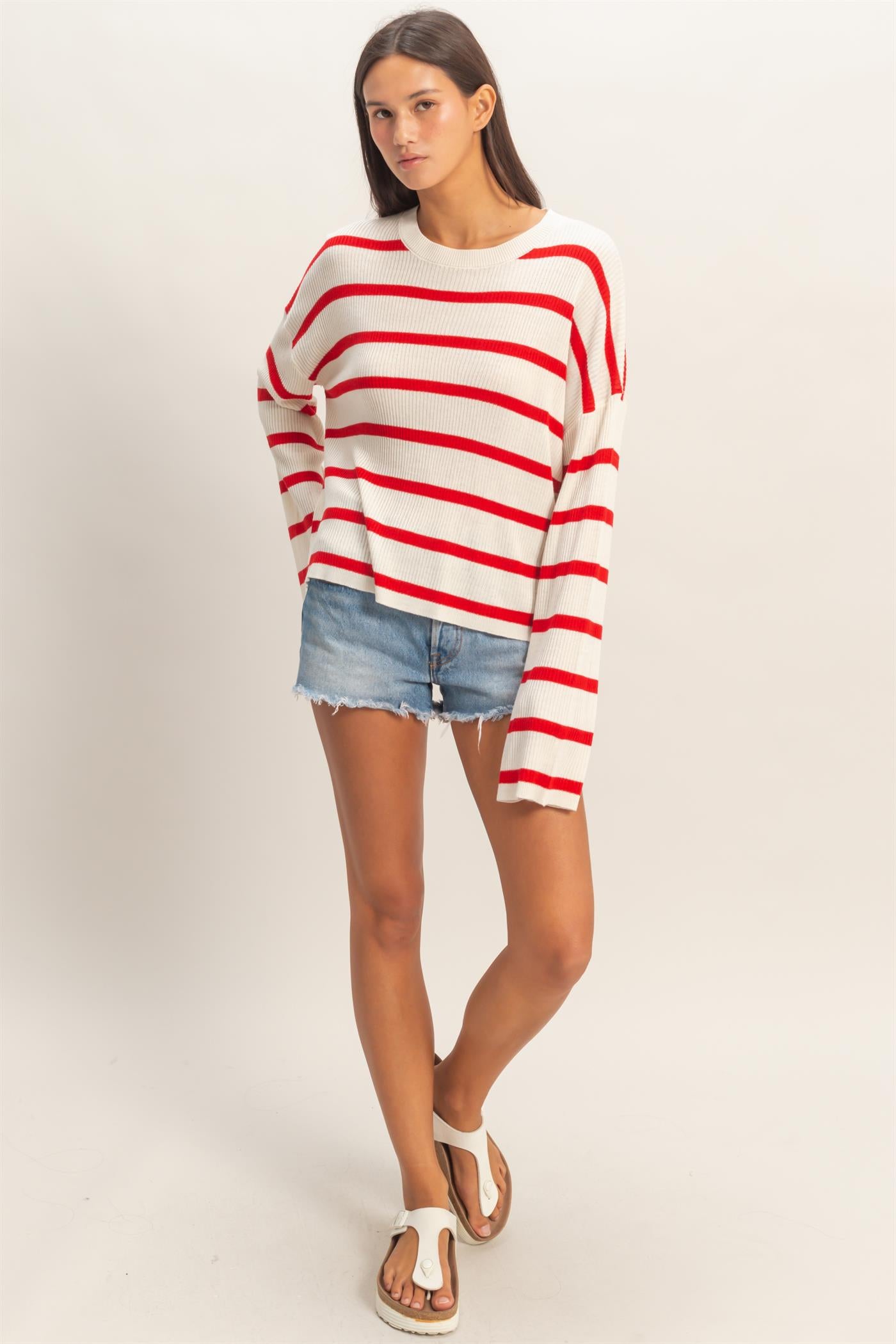 Wholesale Lightweight Wide-Sleeve Striped Sweater Clothing Tops DZ26A329 RED DOUBLE ZERO