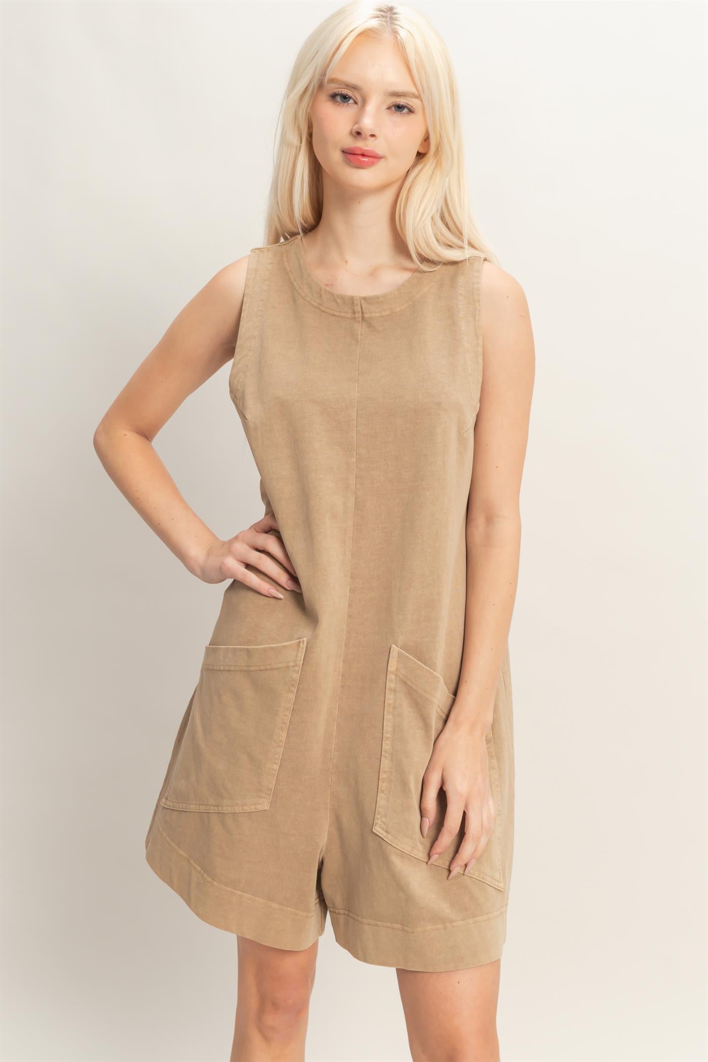 Wholesale Pocket Detail Sleeveless Romper Clothing DZ26A327 MOCHA DOUBLE ZERO