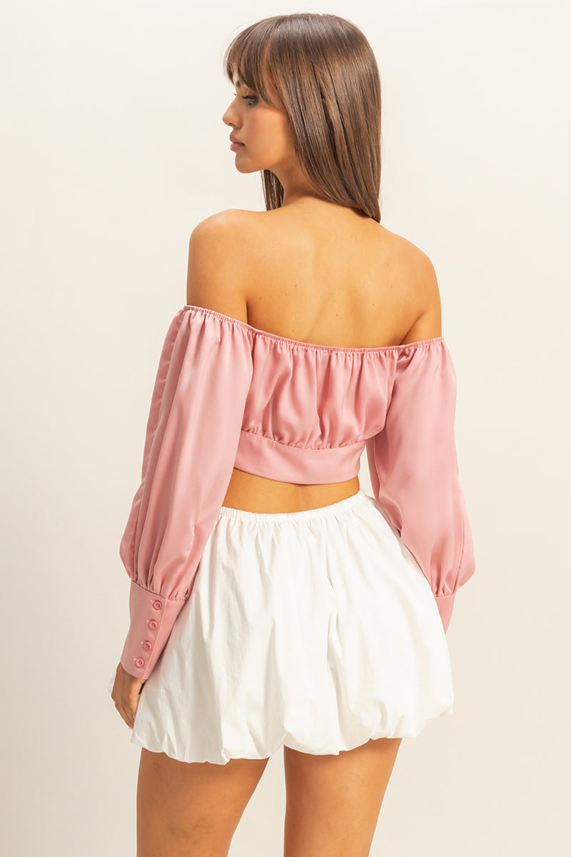 Wholesale Off The Shoulder Satin Crop Top Clothing Tops FS22E582 MAUVE HYFVE