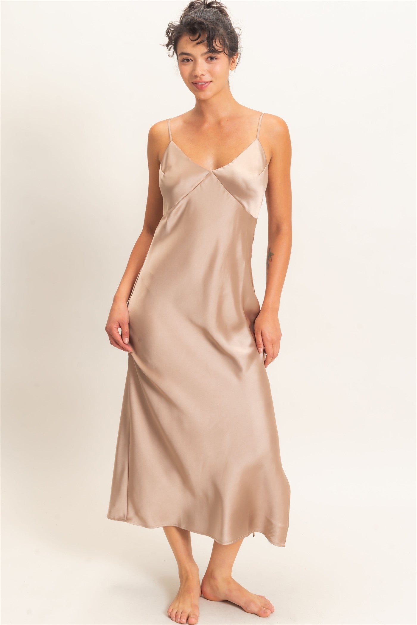 Wholesale Satin V-Neck Slip Dress Dresses DZ26E262 DARK TAUPE DOUBLE ZERO