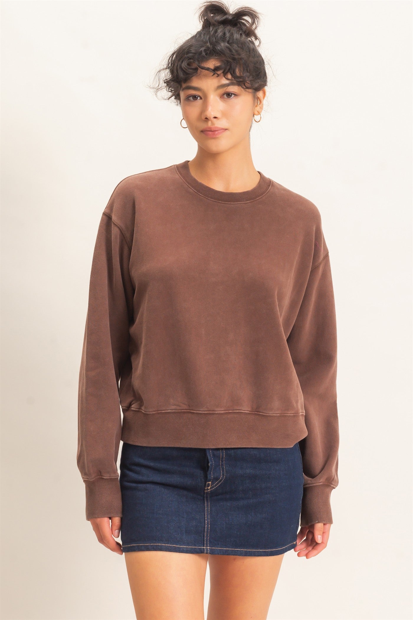 Wholesale Acid Wash Crew Neck Sweatshirt Sweatshirts DZ26E082 DARK BROWN DOUBLE ZERO