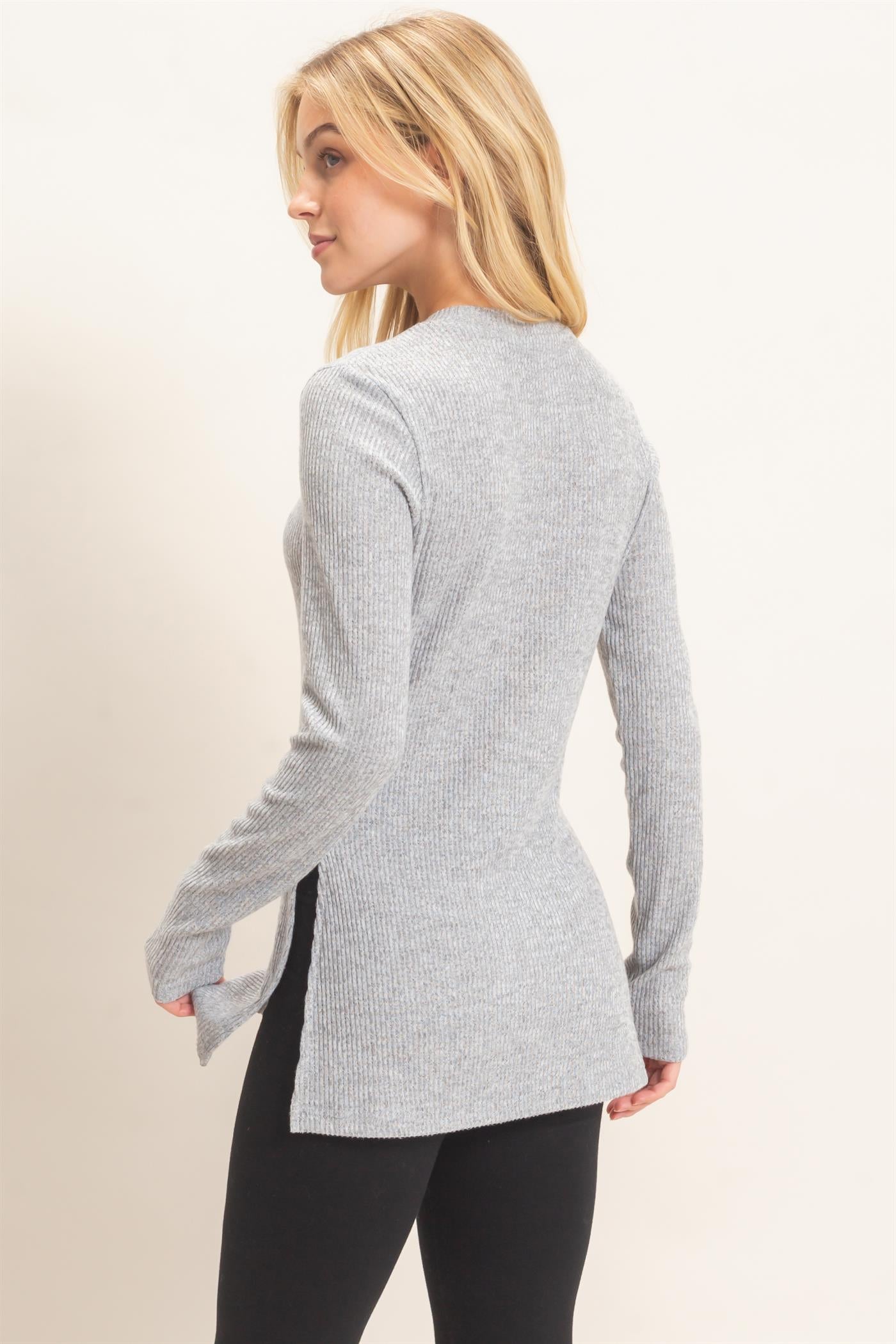Wholesale Ribbed Crew Neck Sweater Clothing Tops HF26F034 GRAY HYFVE