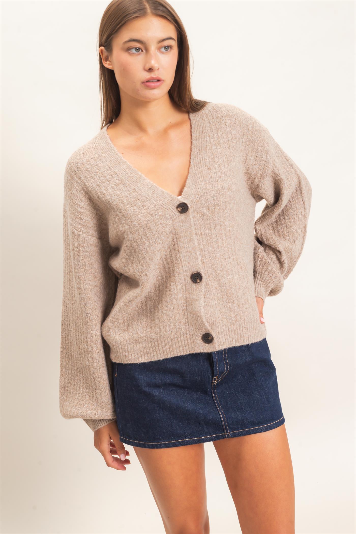 Wholesale Textured V-Neck Cardigan Cardigans DZ26E080 DARK TAUPE DOUBLE ZERO