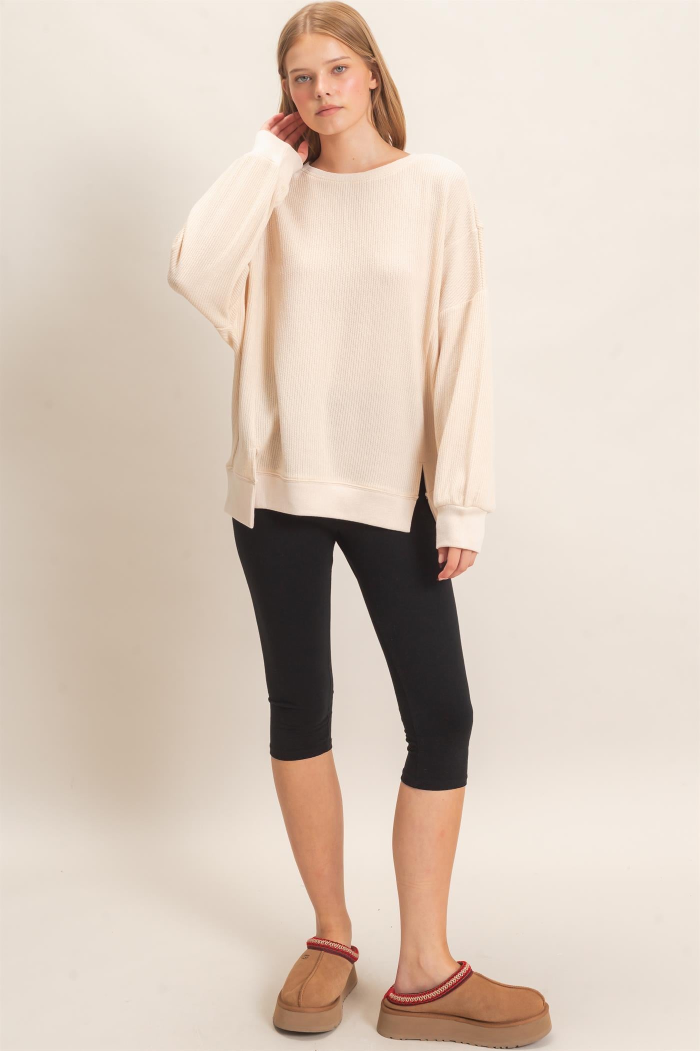Wholesale Ribbed Boat Neck Knit Top Clothing Tops HF26E852 CREAM HYFVE