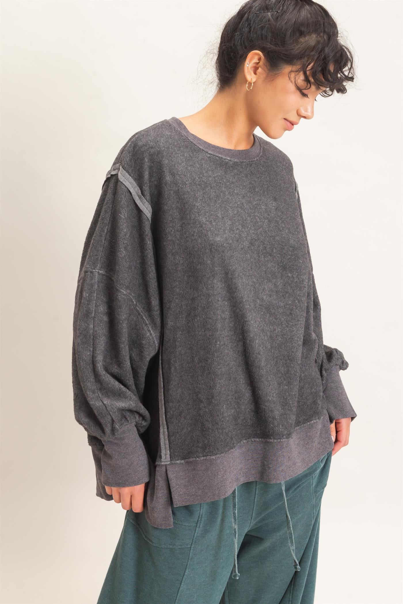 Wholesale Oversized Raw Edge Crew Neck Sweatshirt Sweatshirts DZ26E273 CHARCOAL DOUBLE ZERO