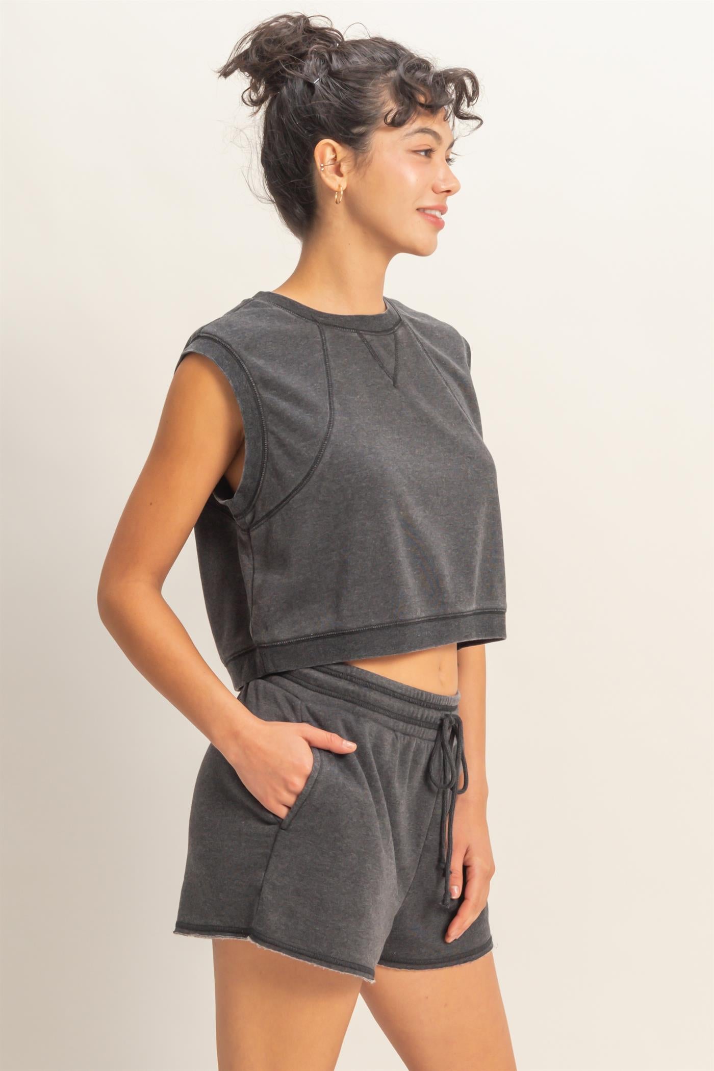 Wholesale Burnout French Terry Sleeveless Top & Shorts Set Clothing Tops DZ26A171-SET BLACK DOUBLE ZERO