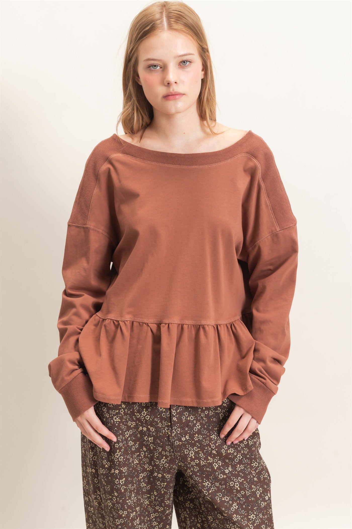 Wholesale Ruffled Hem Long Sleeve Top Clothing Tops HF26E065 SIENNA HYFVE