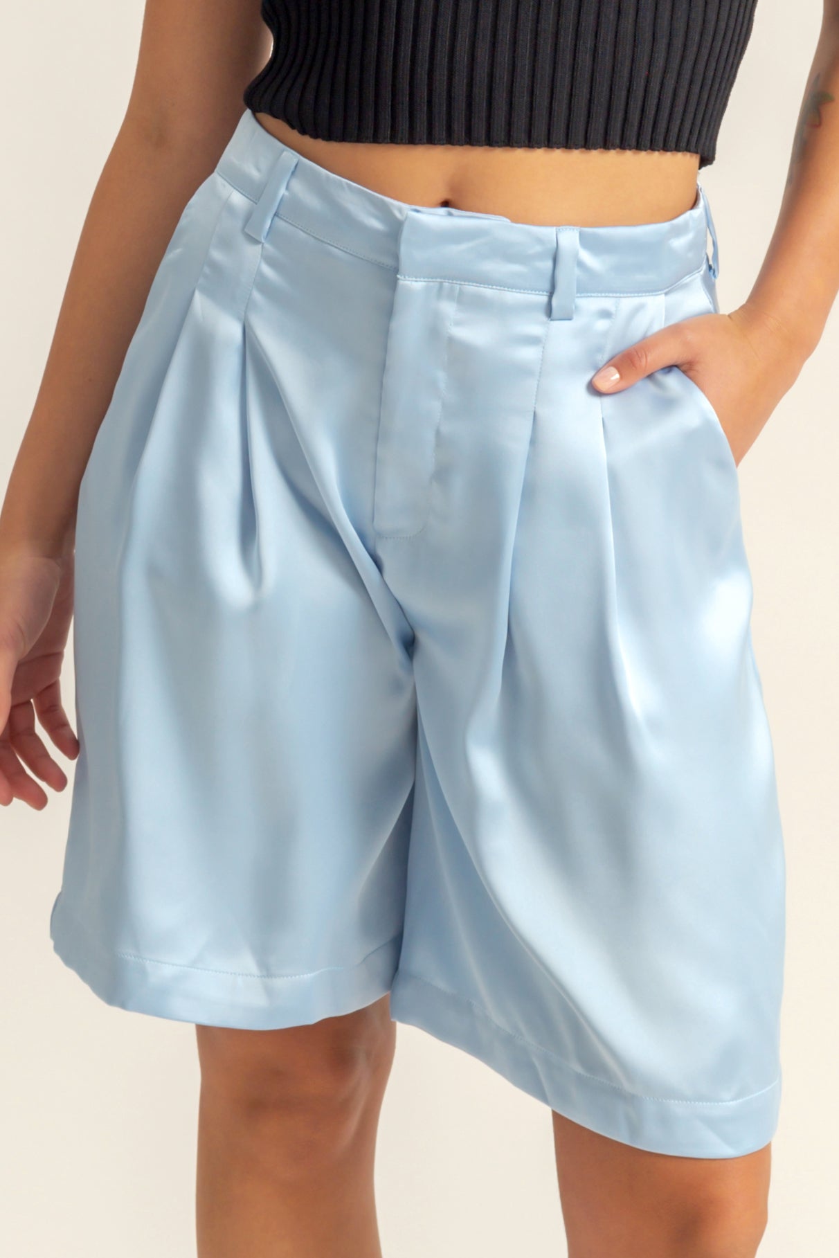 Wholesale High-Waist Pleated Satin Shorts Shorts DZ24E149 ICE BLUE DOUBLE ZERO