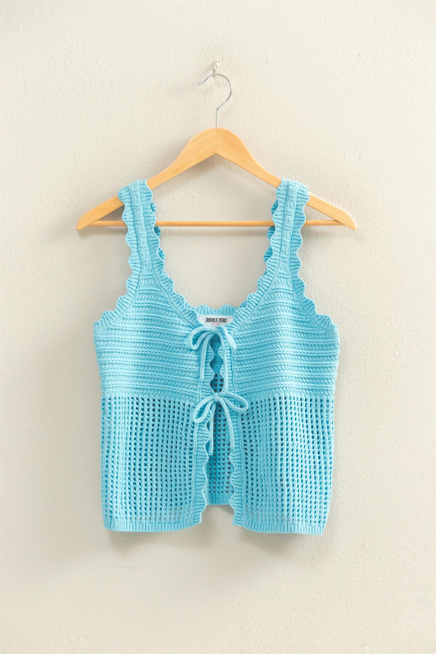 Wholesale Sleeveless Open Knit Double Tie-Front Vest Shirts DZ26A809 BLUE DOUBLE ZERO