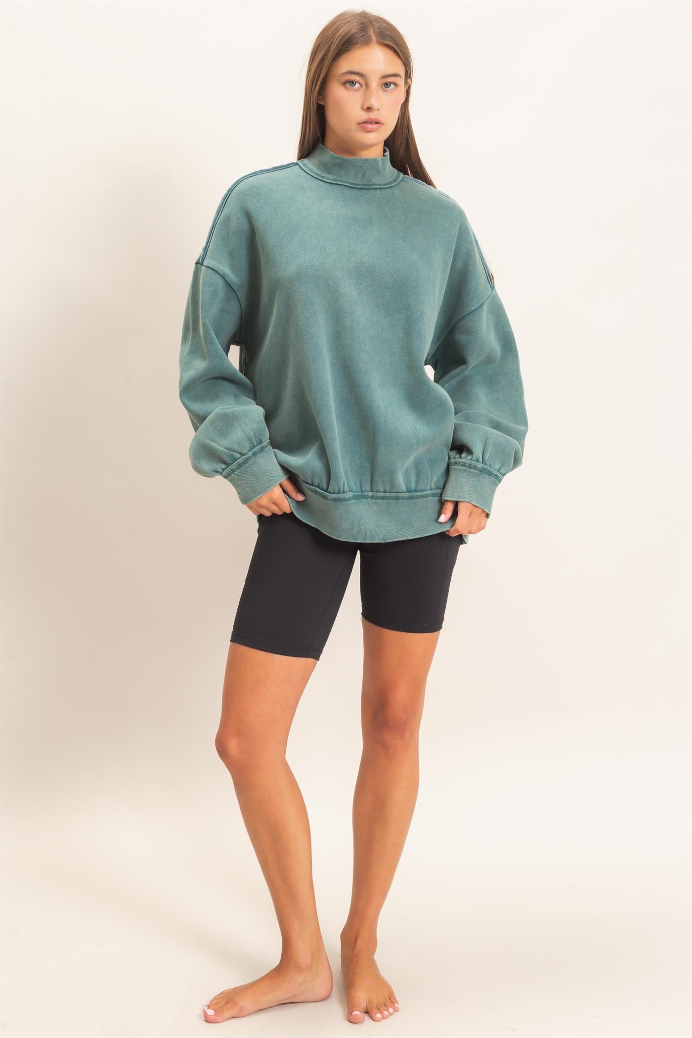 Wholesale Acid Washed Mock Neck Sweatshirt Sweatshirts DZ26E656 DARK TEAL DOUBLE ZERO
