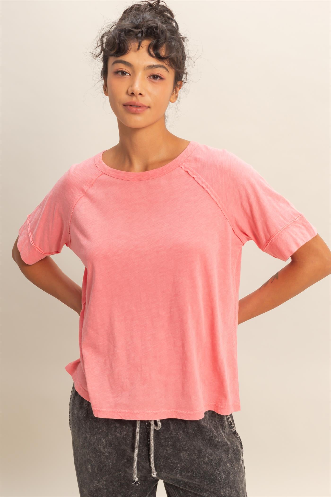 Wholesale Acid Wash Raw Seam Raglan Short Sleeve Tee Clothing Tops DZ26A655 TAFFY PINK HYFVE