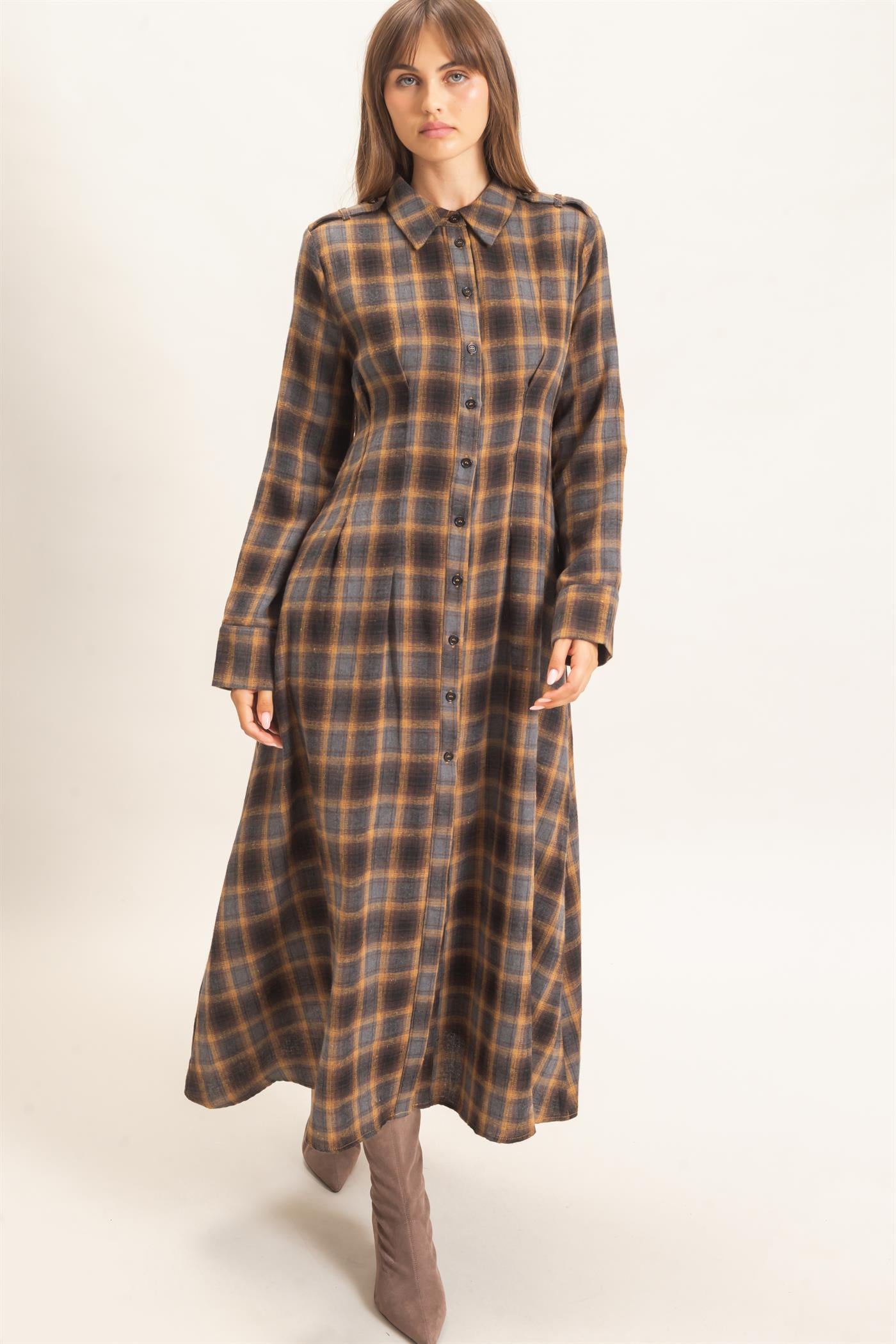 Wholesale Plaid Button-Down Maxi Dress Dresses HF26E999 MUSTARD HYFVE