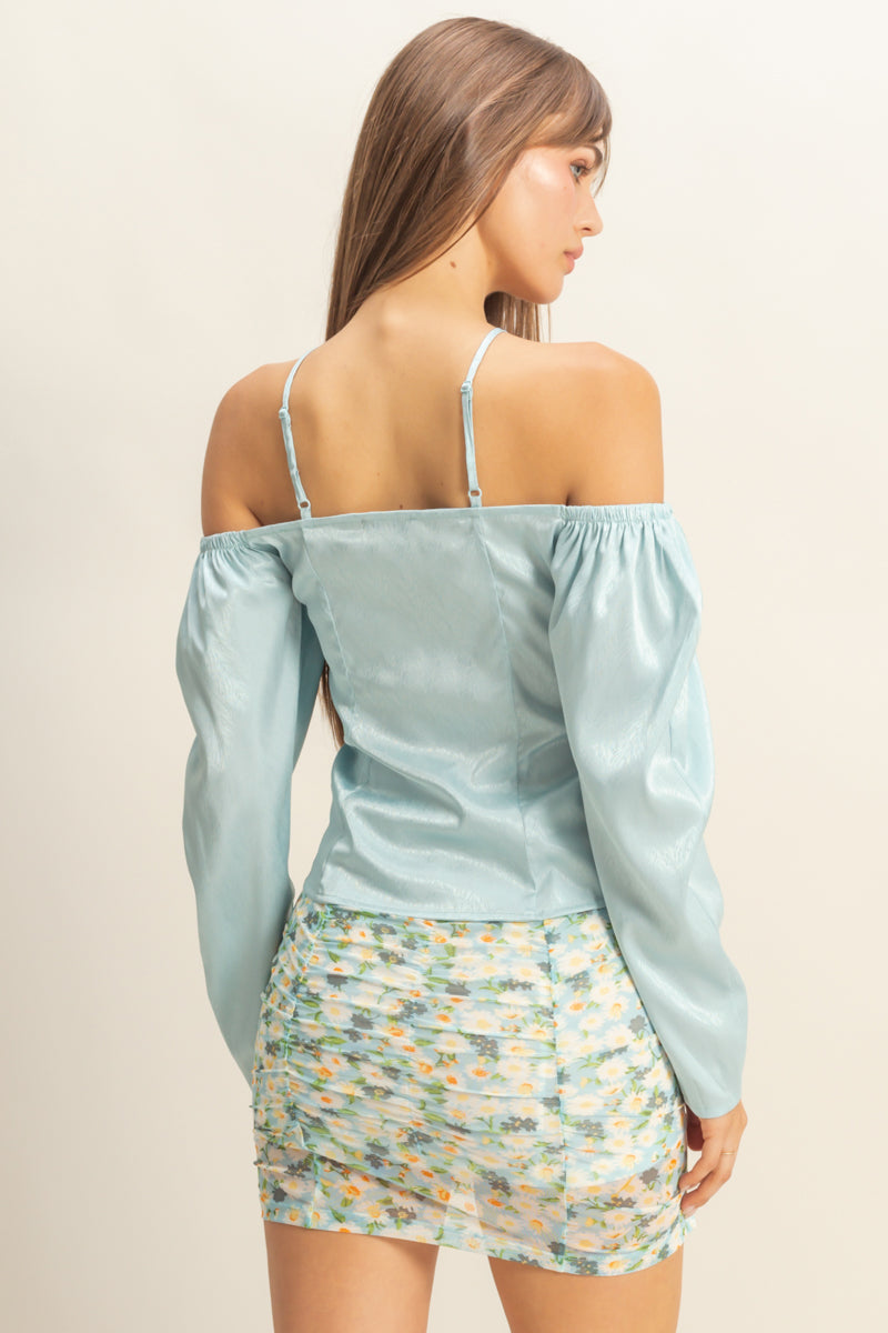 Wholesale Tie-Front Off-Shoulder Blouse Clothing Tops FS22E859 BLUE HYFVE