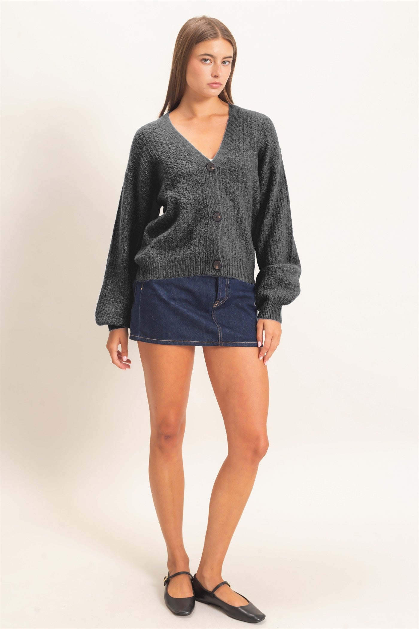 Wholesale Textured V-Neck Cardigan Cardigans DZ26E080 CHARCOAL DOUBLE ZERO