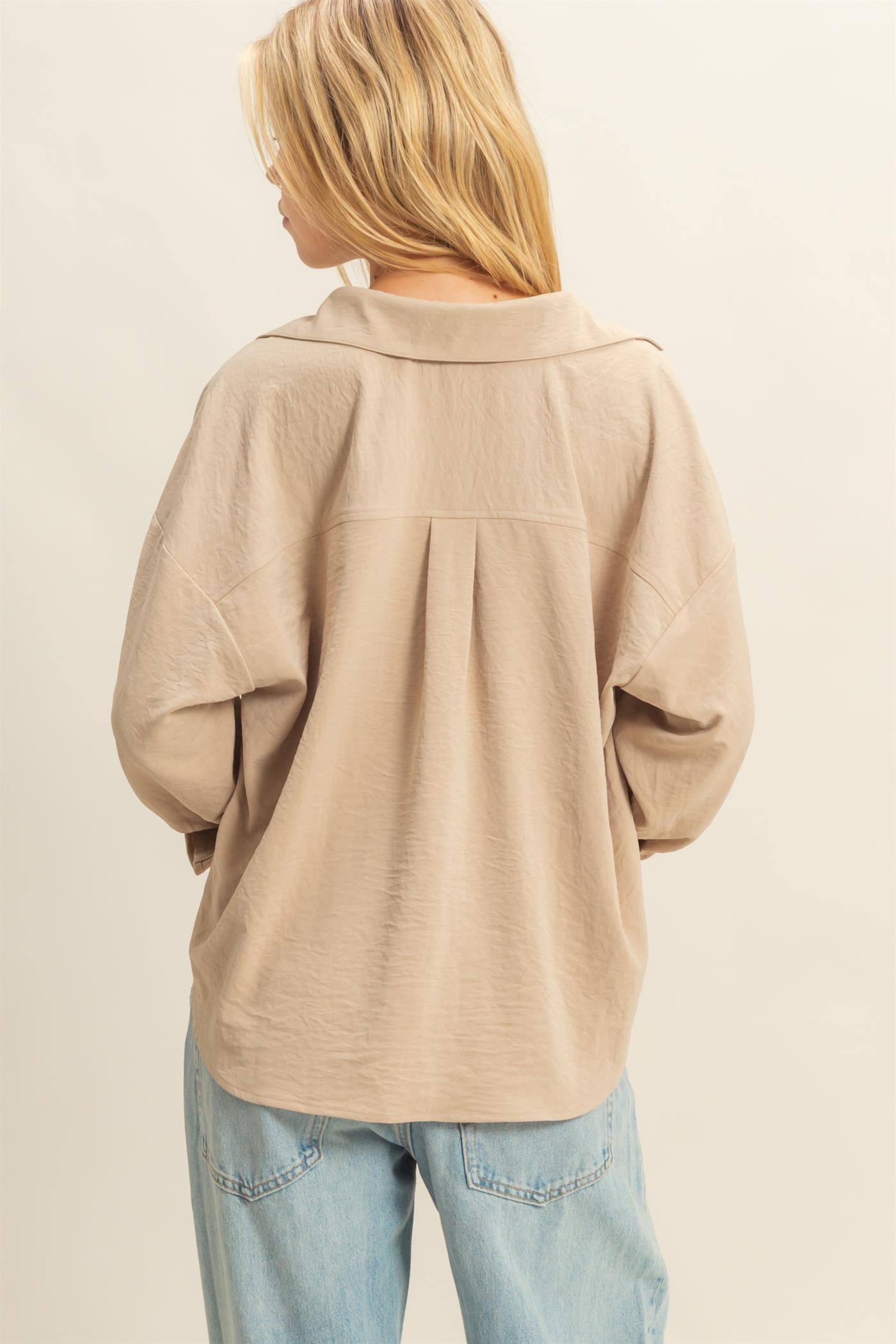 Wholesale Button-Down Blouse With Flowing Fit Clothing Tops HF25C543 BEIGE HYFVE