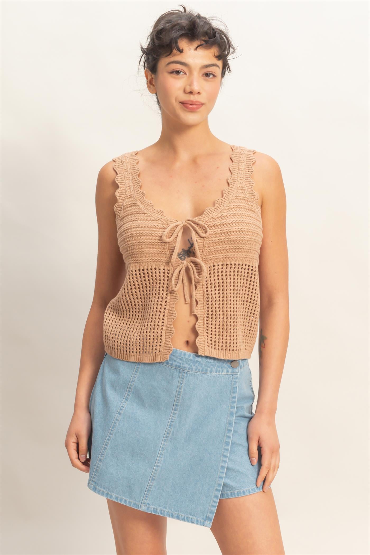 Wholesale Sleeveless Open Knit Double Tie-Front Vest Shirts DZ26A809 DARK TAUPE DOUBLE ZERO