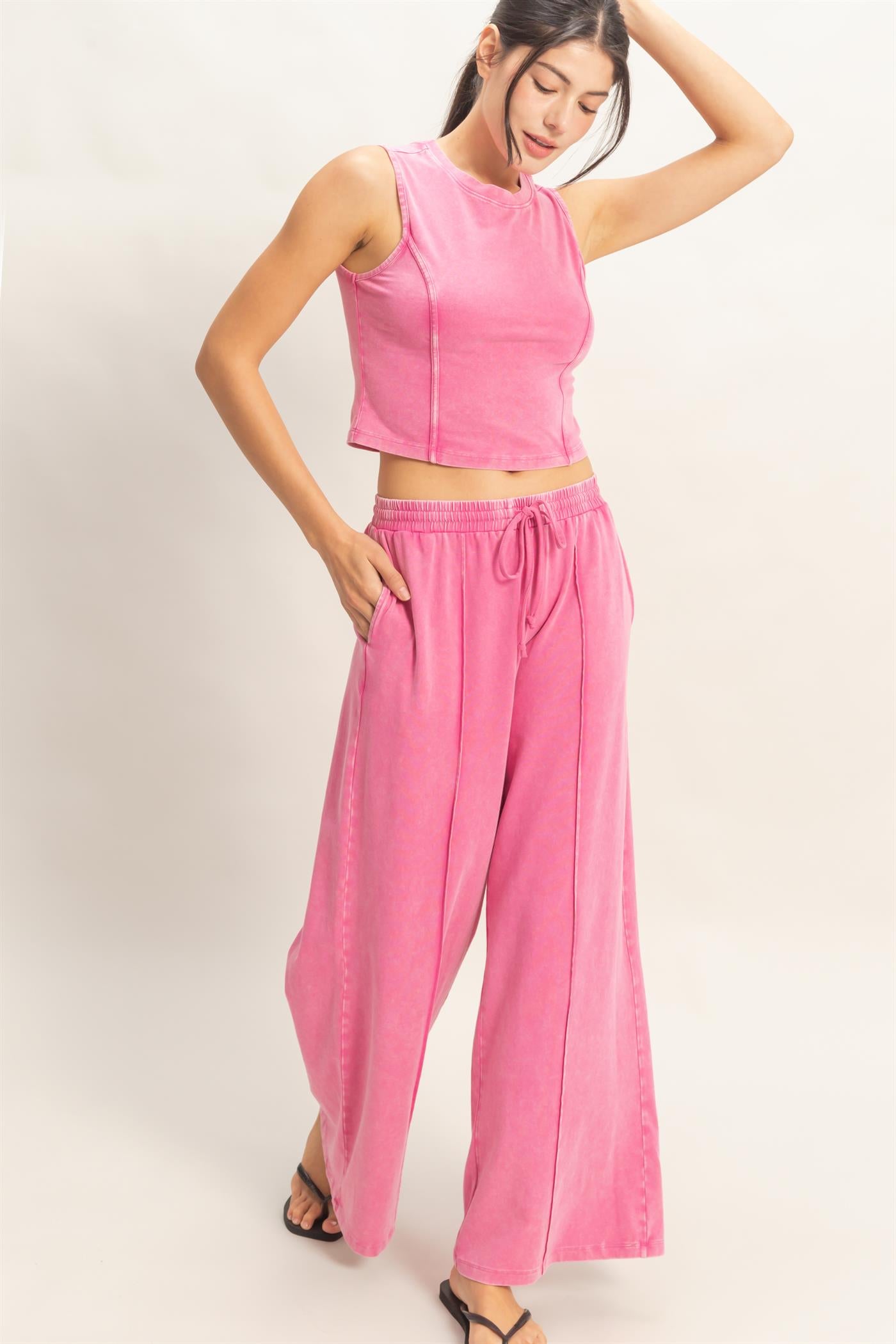 Wholesale Mineral Washed Sleeveless Top & Wide Leg Pants Set Clothing DZ26A371-SET FUCHSIA DOUBLE ZERO