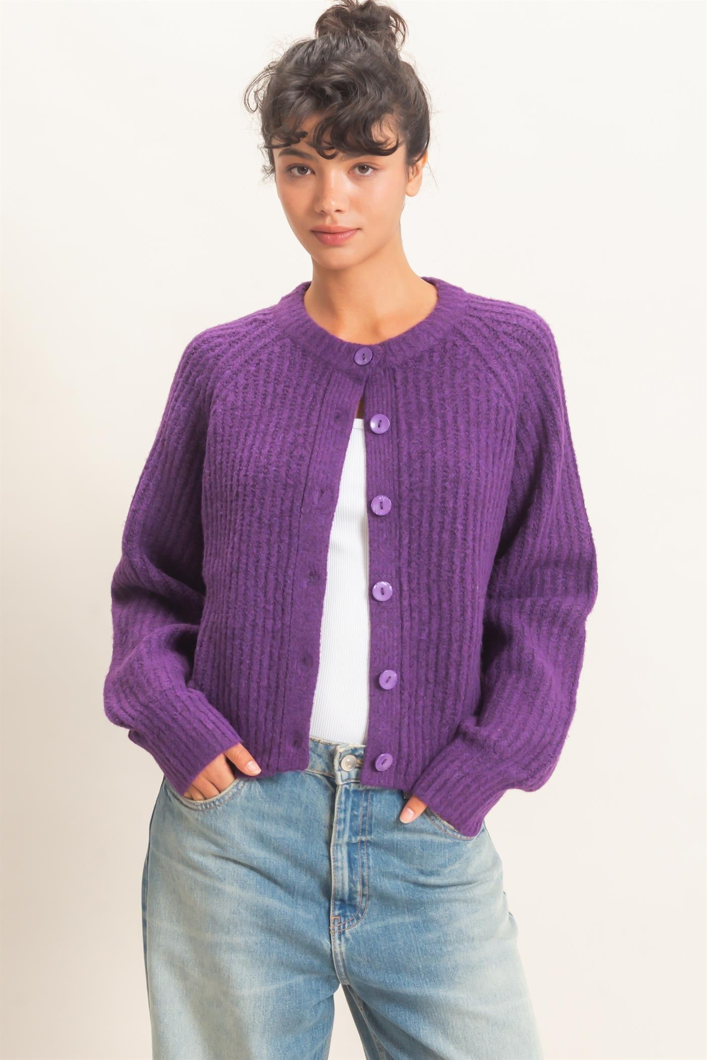 Wholesale Ribbed Button Front Cardigan Cardigans DZ26E109 PLUM DOUBLE ZERO