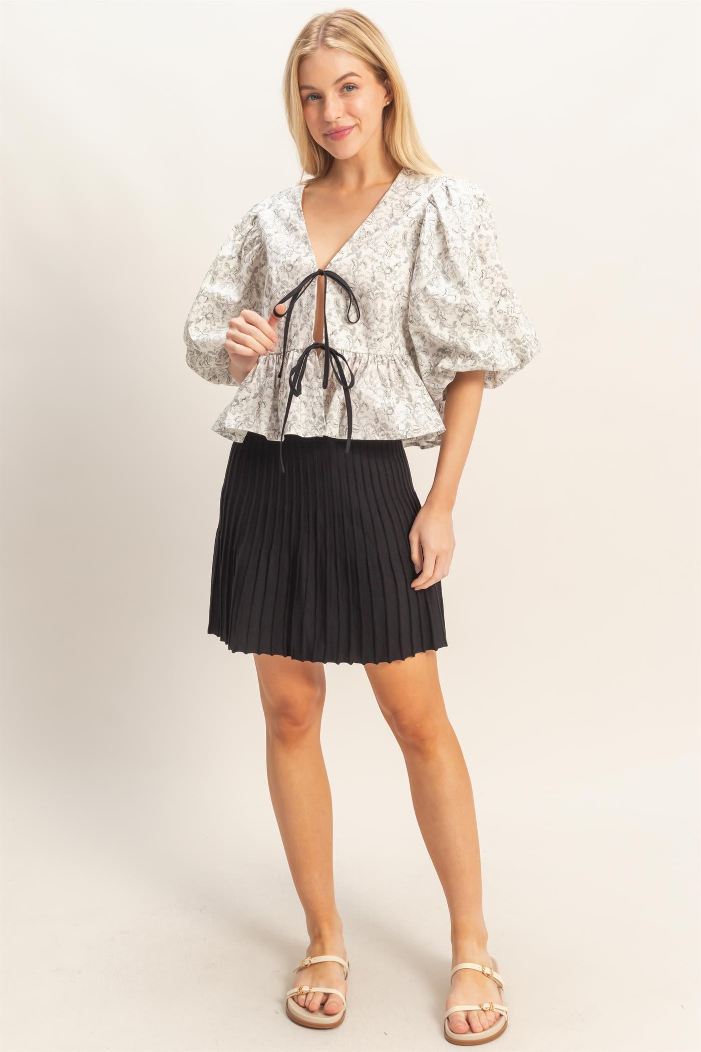 Wholesale Floral Tie-Front Peplum Top Clothing Tops HF26A353 BLACK HYFVE