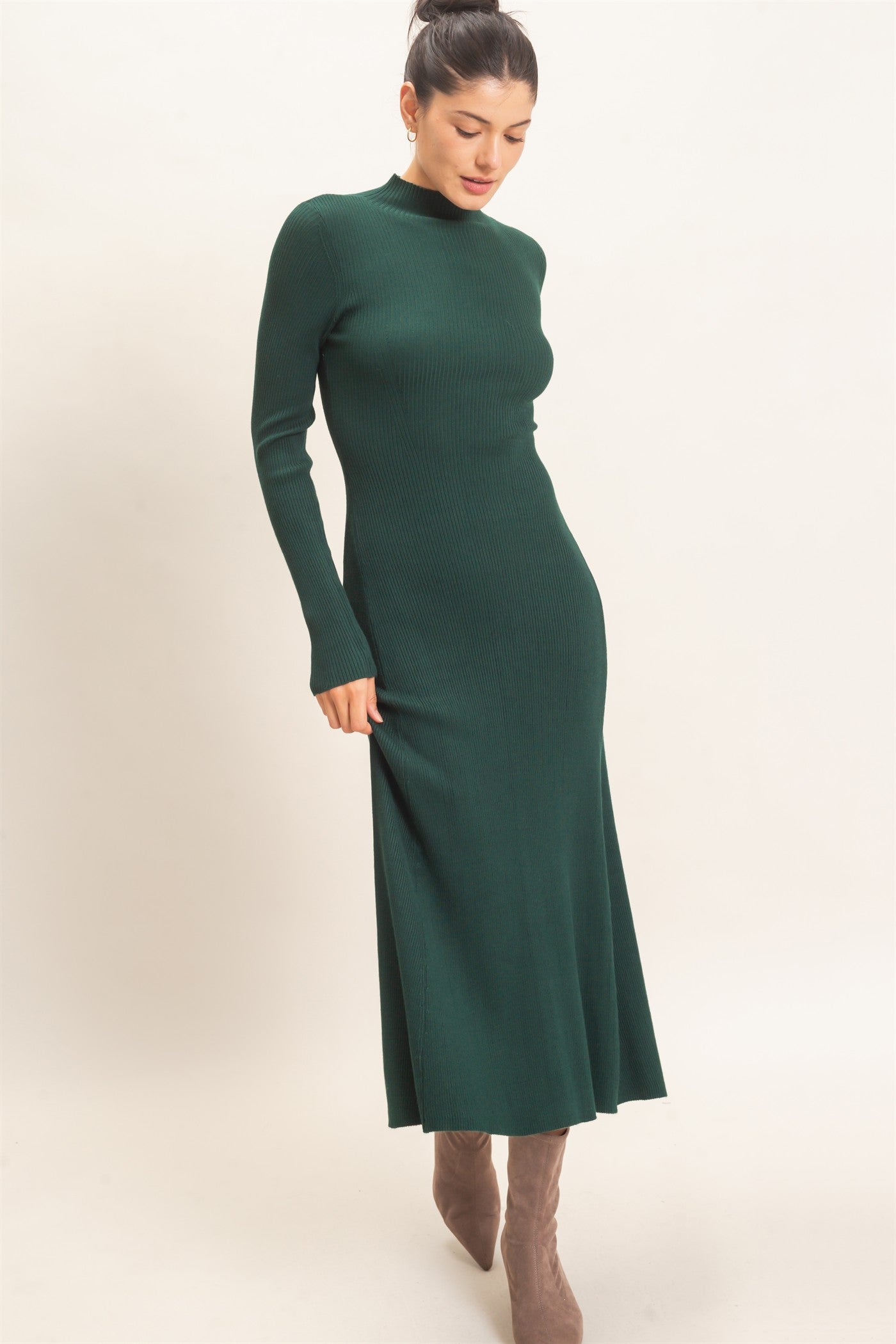Wholesale Ribbed Mock Neck Long Sleeve Midi Dress Dresses HF26F156-D H.GREEN HYFVE