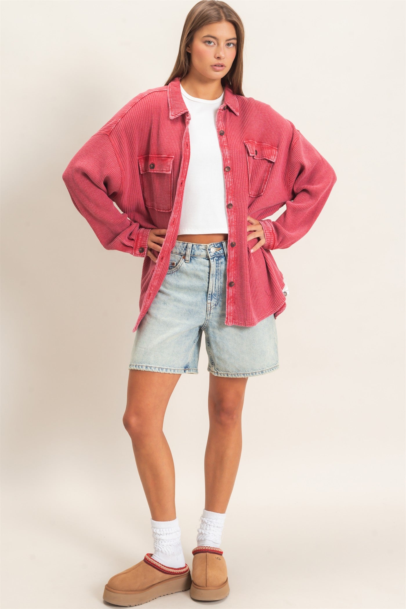 Wholesale Mineral Wash Waffle Knit Button-Up Shacket Coats & Jackets DZ26E249 DARK RED DOUBLE ZERO